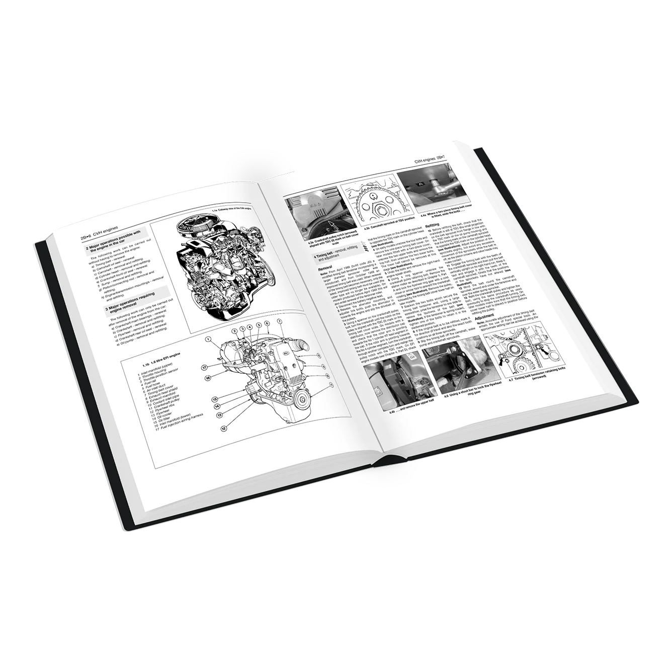 An open hardcover manual or book showing black-and-white technical pages with engine diagrams, text blocks, and small inset photos, photographed on a clean white background.