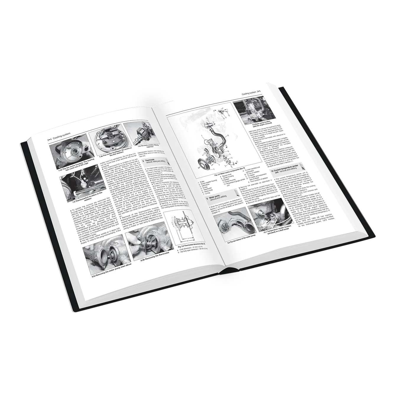An open technical book or manual shown at an angle on a plain white background. The pages contain black-and-white photographs, diagrams, and blocks of text, with one page featuring a large central technical illustration.