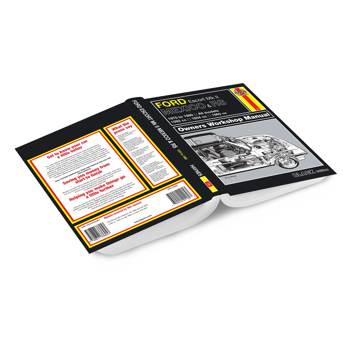 An open hardcover book, a Ford Galaxy M2015-2021 Owners Workshop Manual, displayed on a clean white background. The book is shown open to reveal the black cover with yellow and red accents, the detailed engine diagram, and the back cover with safety and care instructions.