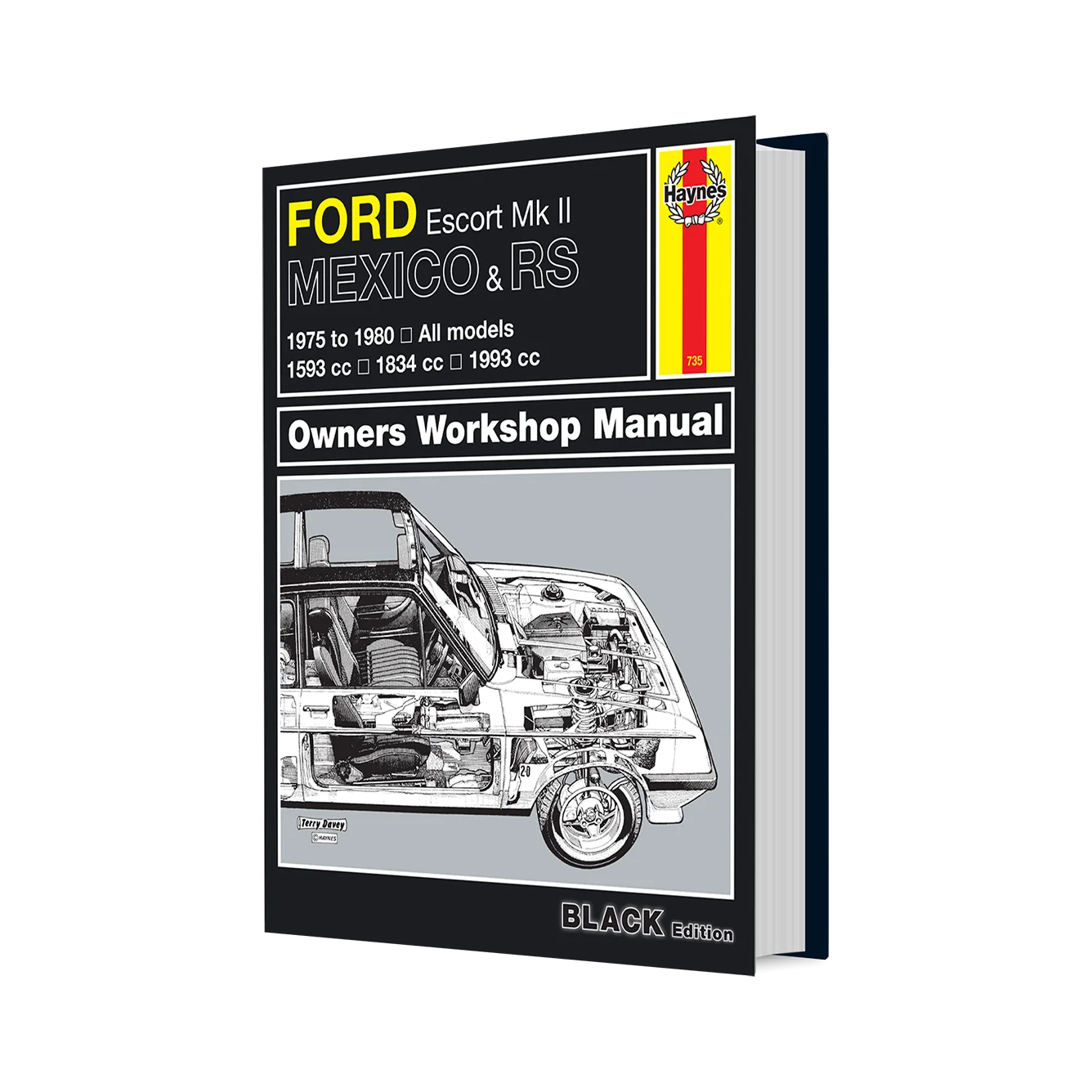 A black Haynes Owners Workshop Manual for Ford Escort Mk II Mexico & RS, featuring a detailed cutaway illustration of the car's engine and interior on the front cover, shown against a plain white background.