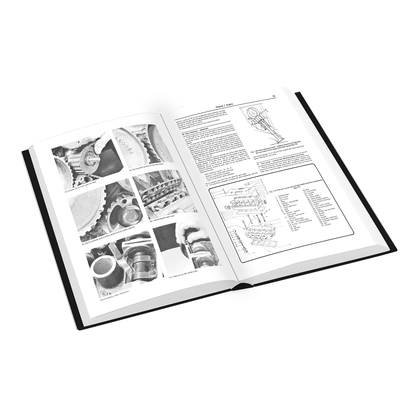 An open hardcover book showing black-and-white technical pages with photos of mechanical parts and explanatory diagrams, photographed on a clean white background.