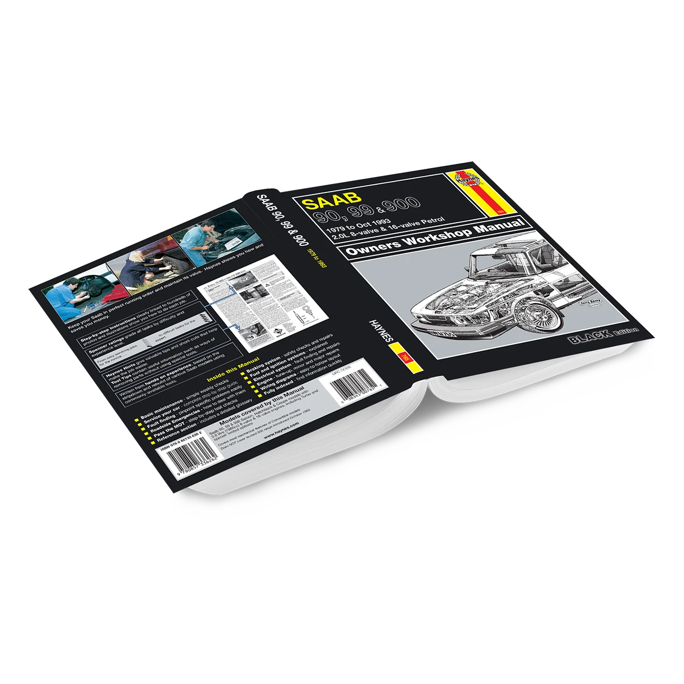 A book shown at an angle with both front and back covers visible, titled 'SAAB 900 1974-1984 Owners Workshop Manual'. The cover is predominantly black with white text, a grayscale car illustration, and small yellow and red accents, including a small Spanish flag graphic.
