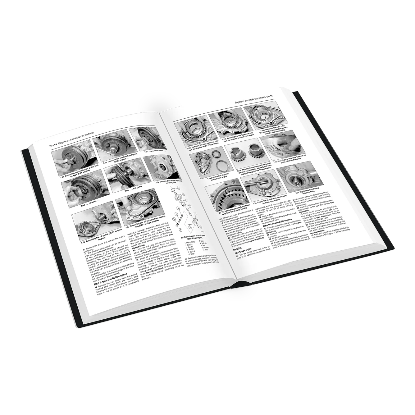 An open hardcover book showing two printed pages with black-and-white technical illustrations and text, photographed on a clean white background.