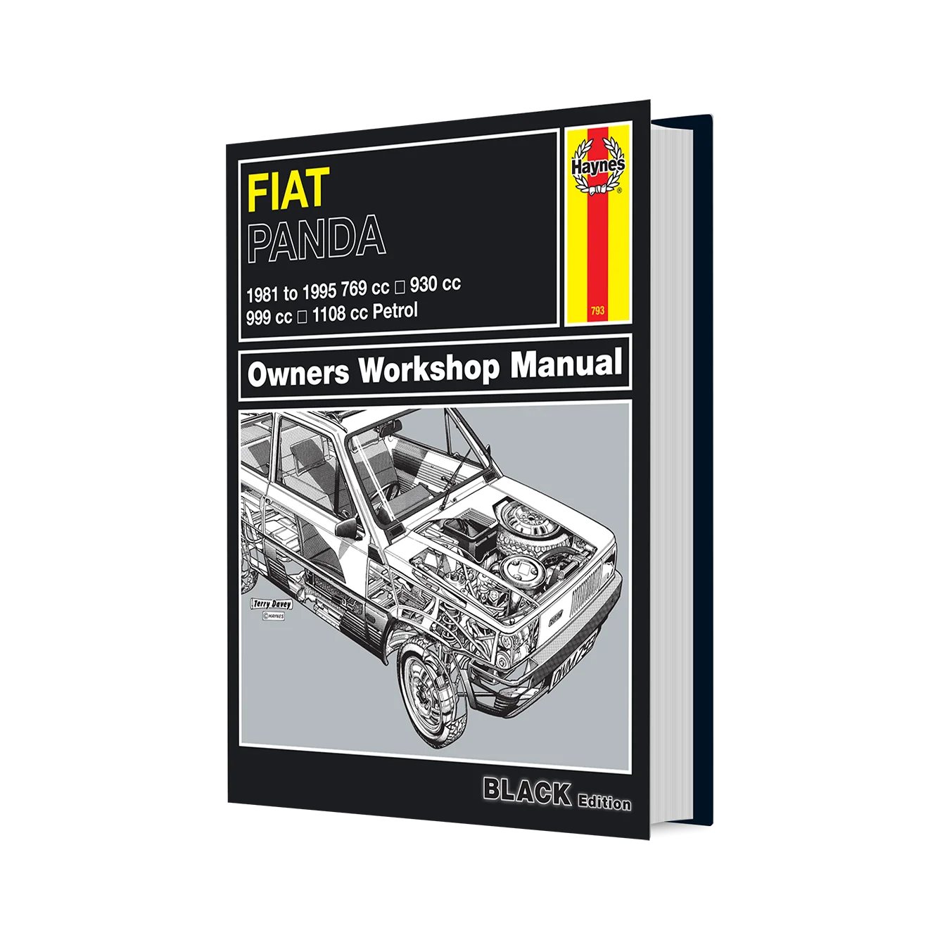 Haynes Owners Workshop Manual for the Fiat Panda 1181-1985 (769 cc, 930 cc, 699 cc, 1108 cc Petrol) in the Black Edition. The manual is shown as a 3D book mockup with a black cover, yellow and red Haynes logo, and a detailed black-and-white cutaway illustration of the car engine.