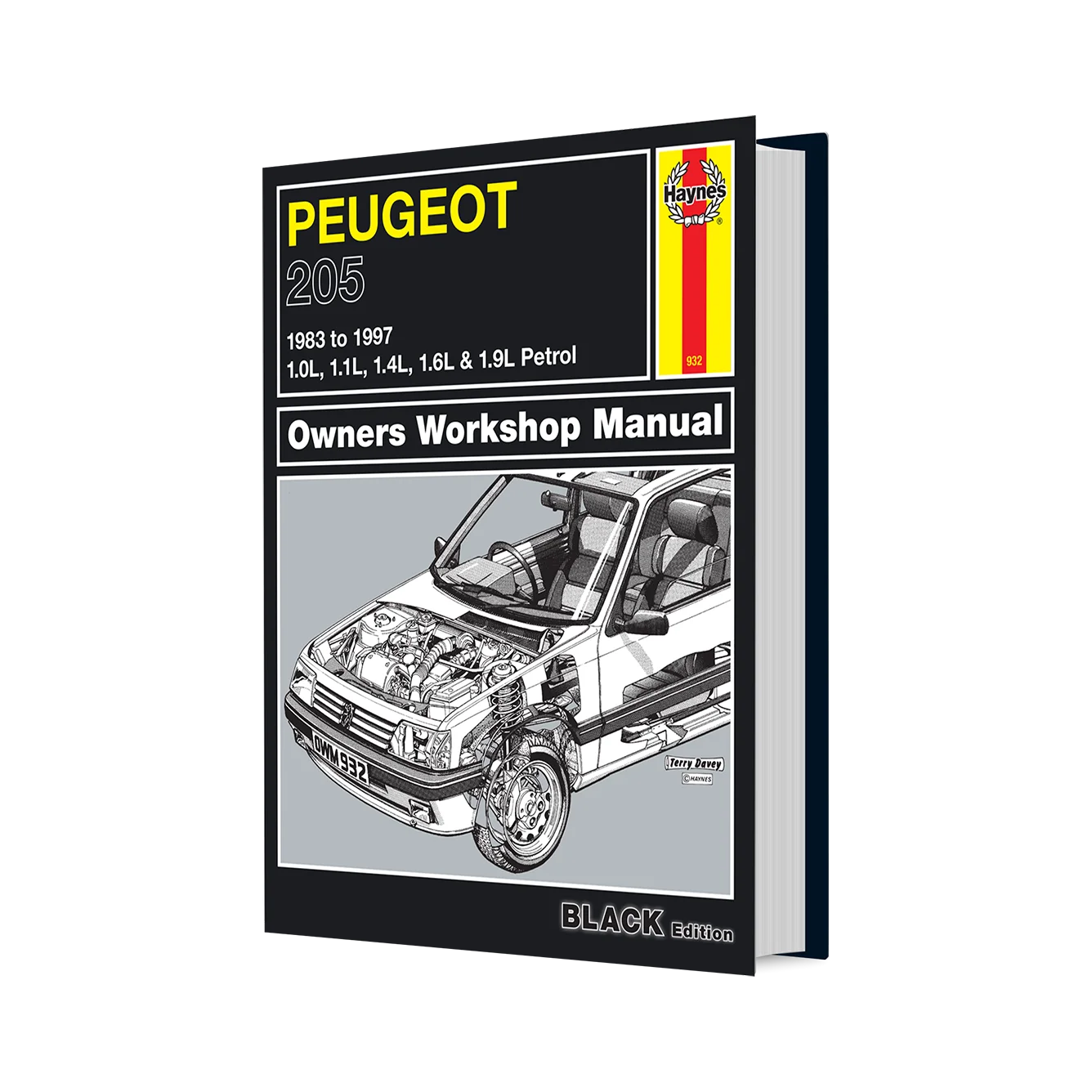Peugeot 205 Owners Workshop Manual book cover shown as a 3D product mockup on a white background. The cover is primarily black with yellow text, a red and yellow Haynes logo, and a grayscale technical illustration of a Peugeot 205 with its hood open.