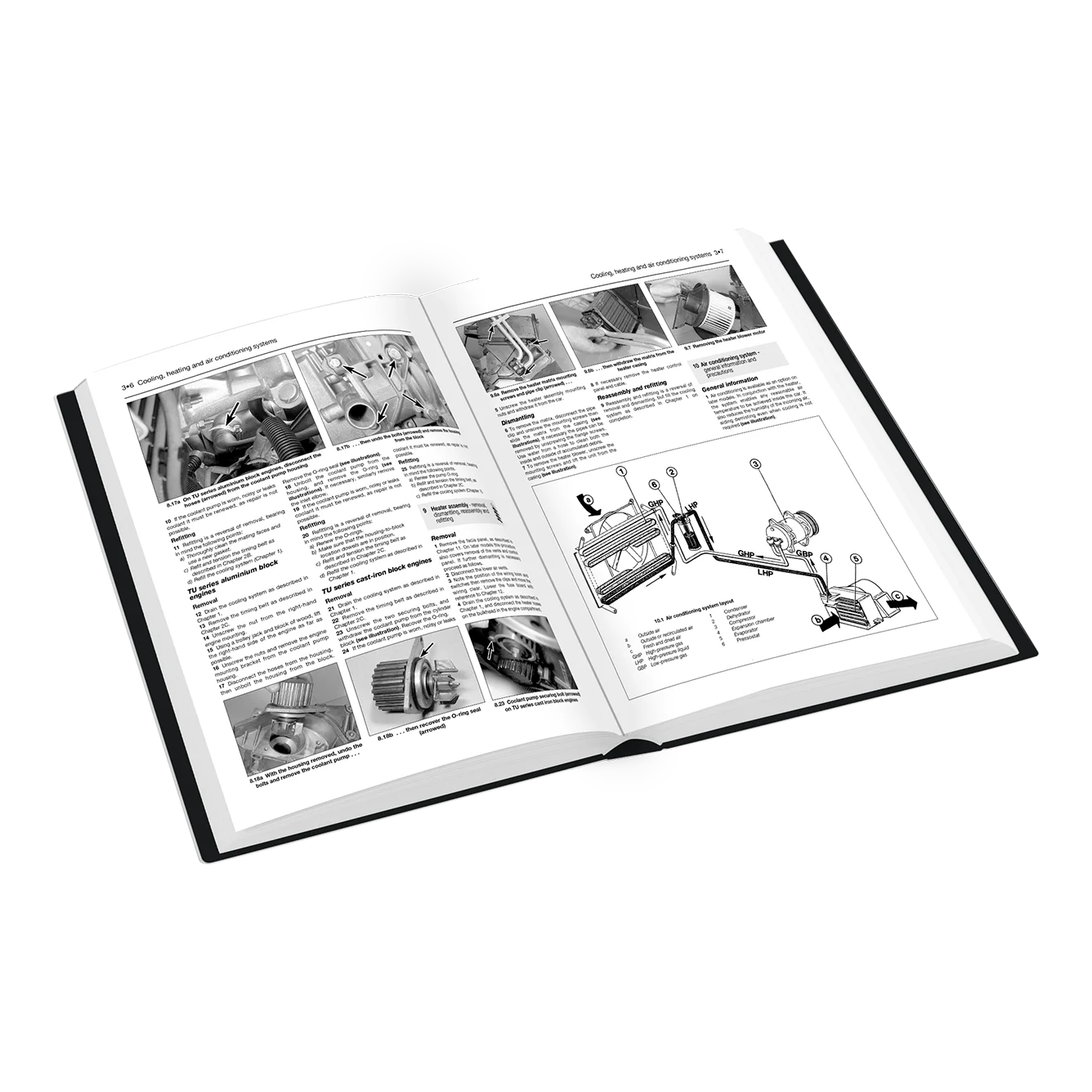 An open black manual or book showing printed pages with black-and-white technical diagrams, parts illustrations, and blocks of instructional text, photographed on a plain white background.