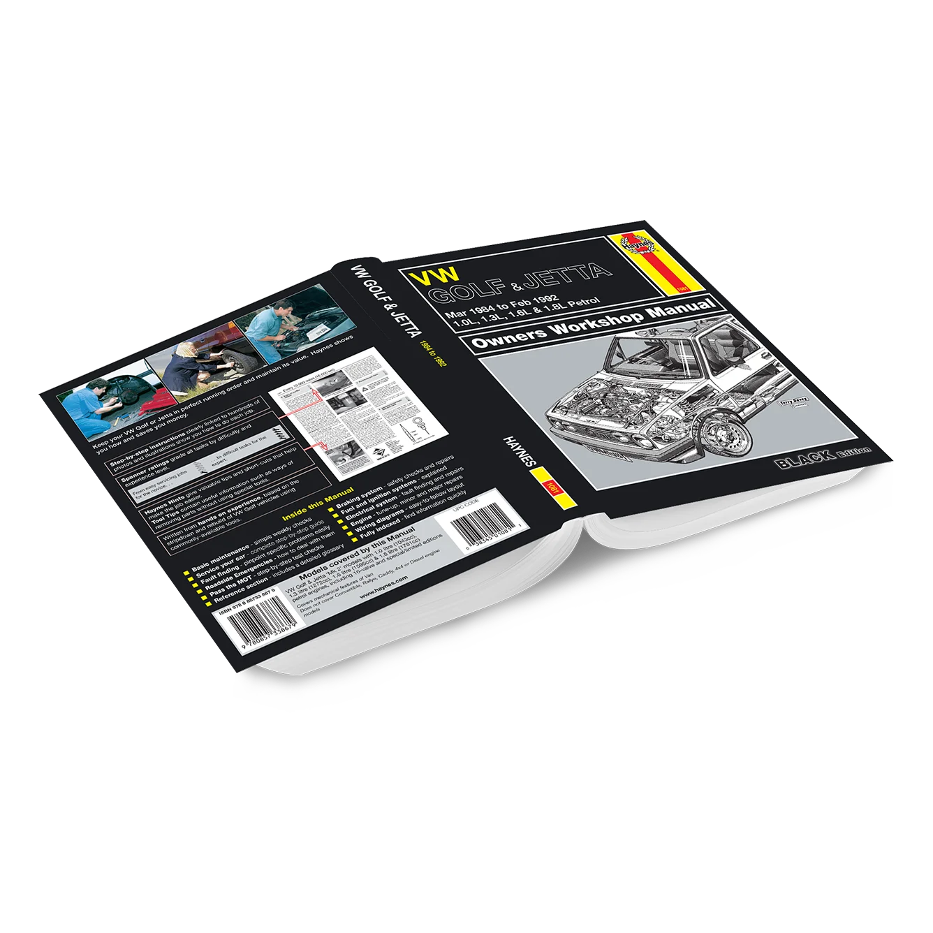 A book shown at an angle with both front and back covers visible, titled 'SAAB 900 1974-1984 Owners Workshop Manual'. The cover is predominantly black with white text, a grayscale car illustration, and small yellow and red accents, including a small Spanish flag graphic.