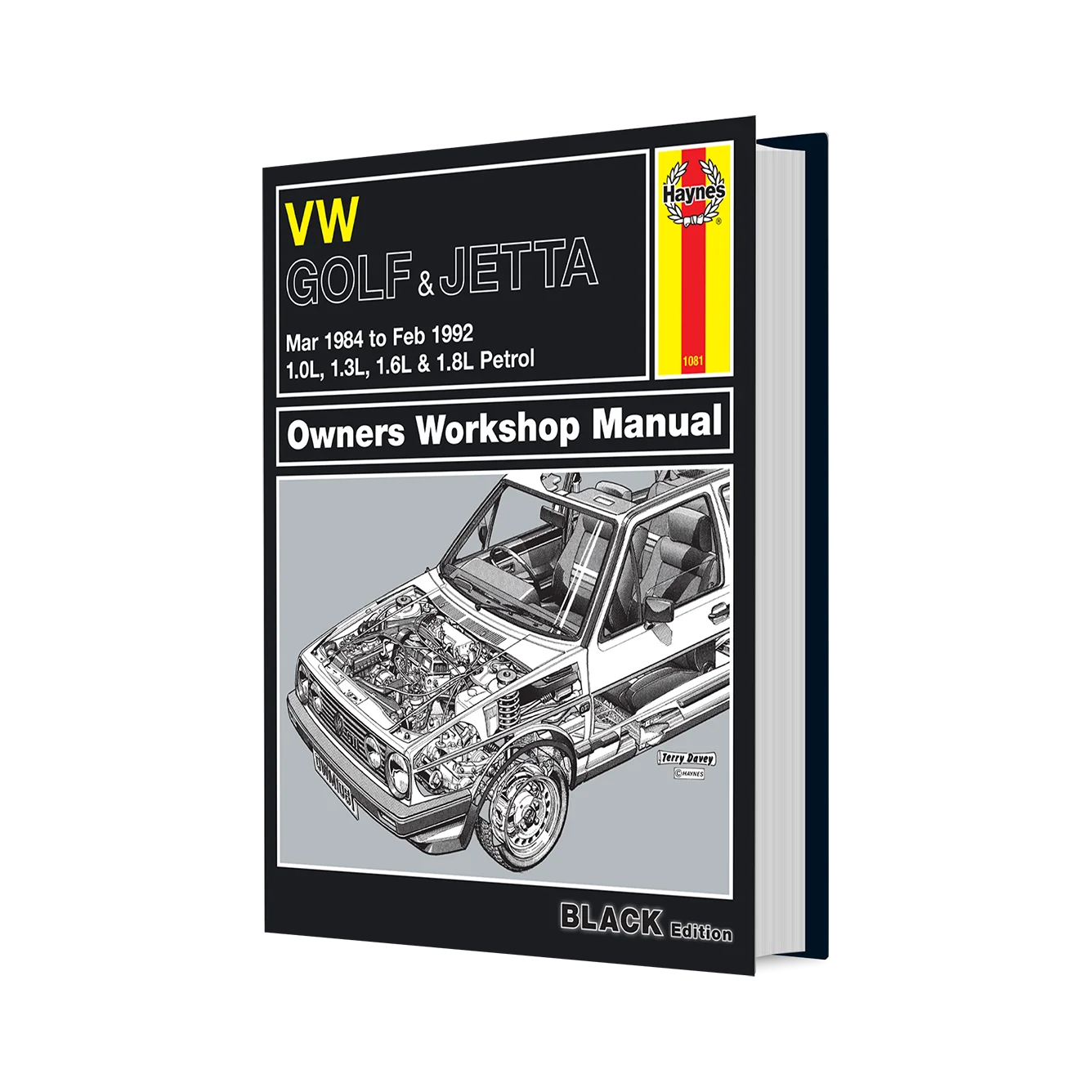 VW Golf & Jetta Owners Workshop Manual book cover shown at a slight angle on a plain white background. The cover is predominantly black with white and yellow text, a red and yellow brand badge, and a grayscale cutaway illustration of a car engine and interior.