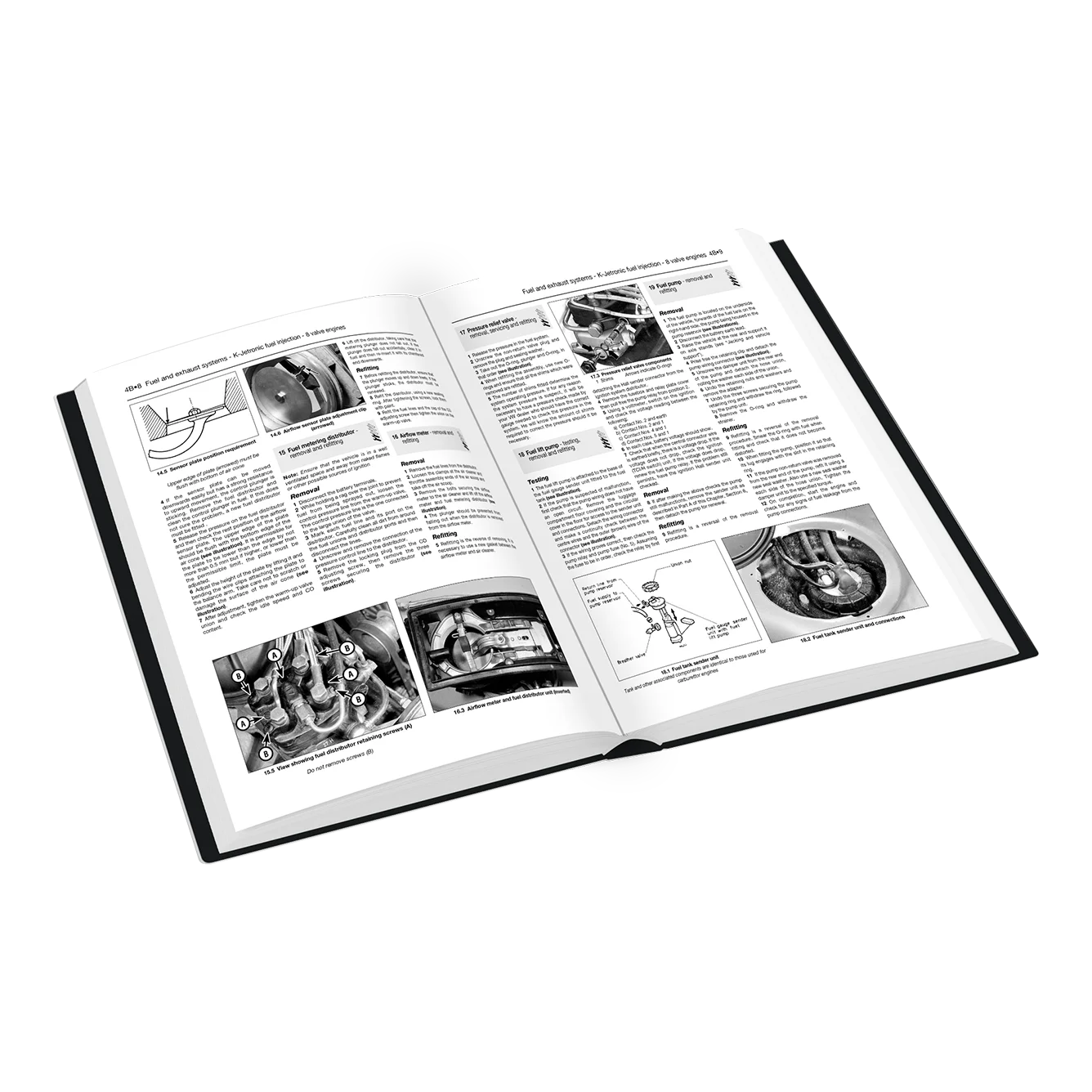 An open hardcover book showing black-and-white technical pages with text, diagrams, and small mechanical photos, photographed on a clean white background.