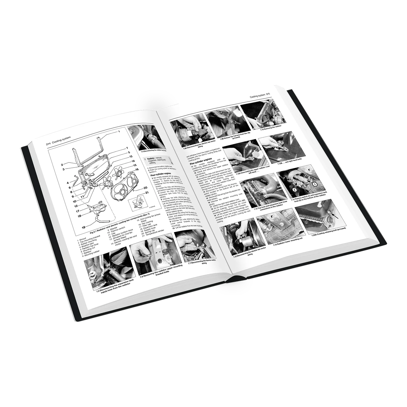 An open black-and-white instruction manual or book showing technical diagrams, labels, and step-by-step photos on two spread pages, photographed on a clean white background.