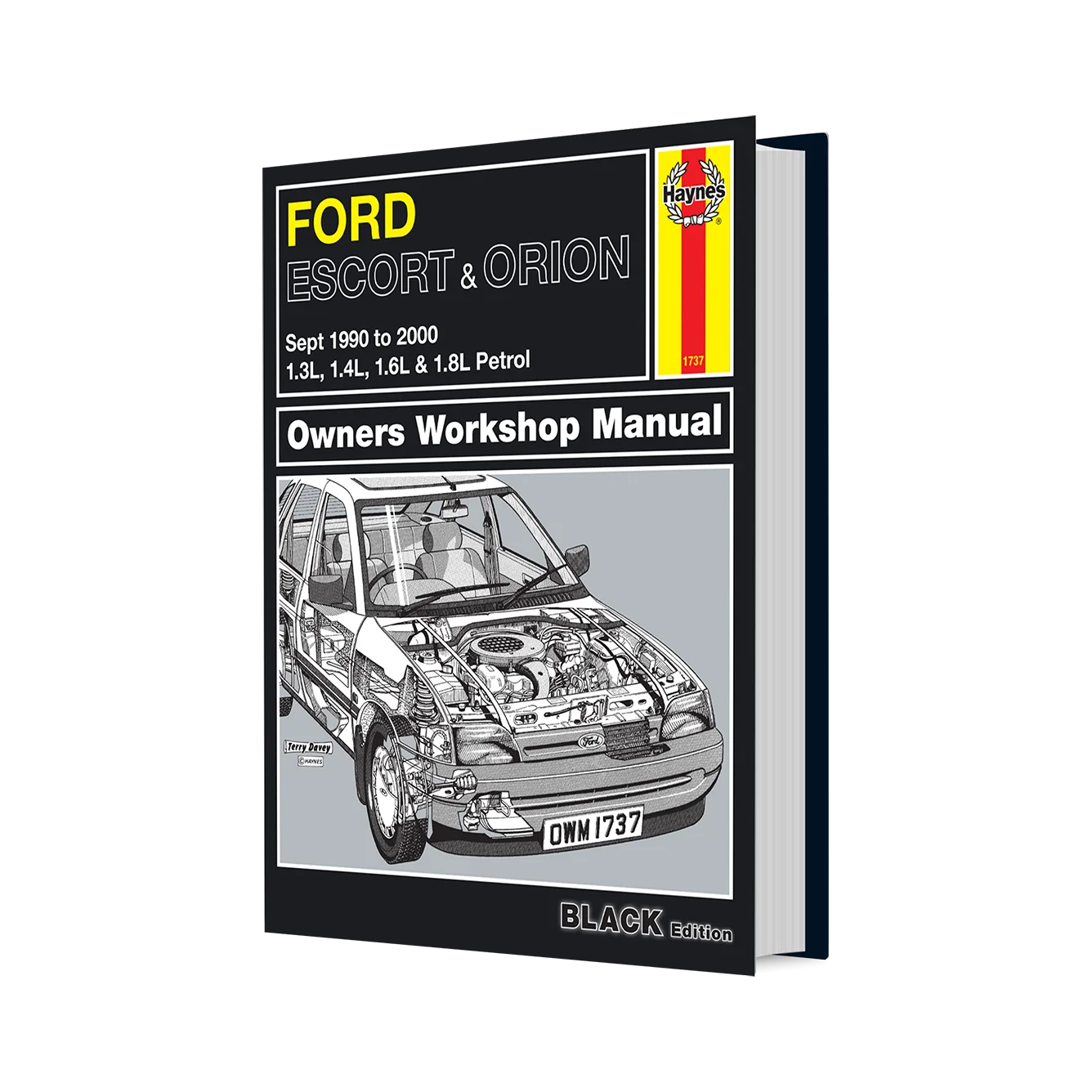 A hardcover book titled 'Ford Escort & Orion Owners Workshop Manual' shown at a slight angle against a plain white background. The cover is predominantly black with yellow, white, and red text and graphics, including a cutaway illustration of a car engine.