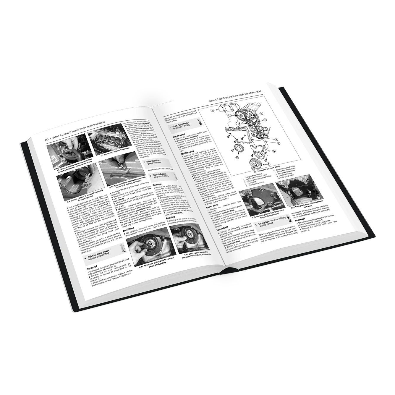 An open black-and-white technical manual or instruction book showing pages with text, small photos, and a line drawing, photographed on a plain white background.