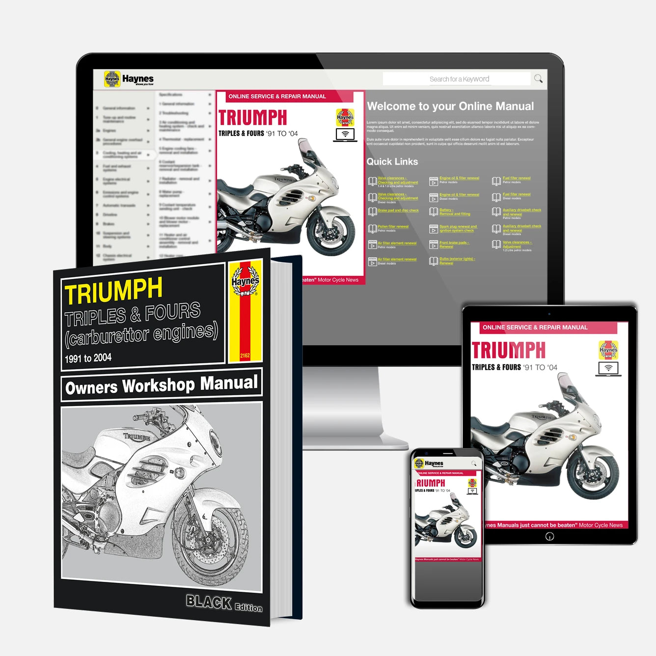 Collection of Triumph motorcycle manuals and digital resources on a white background