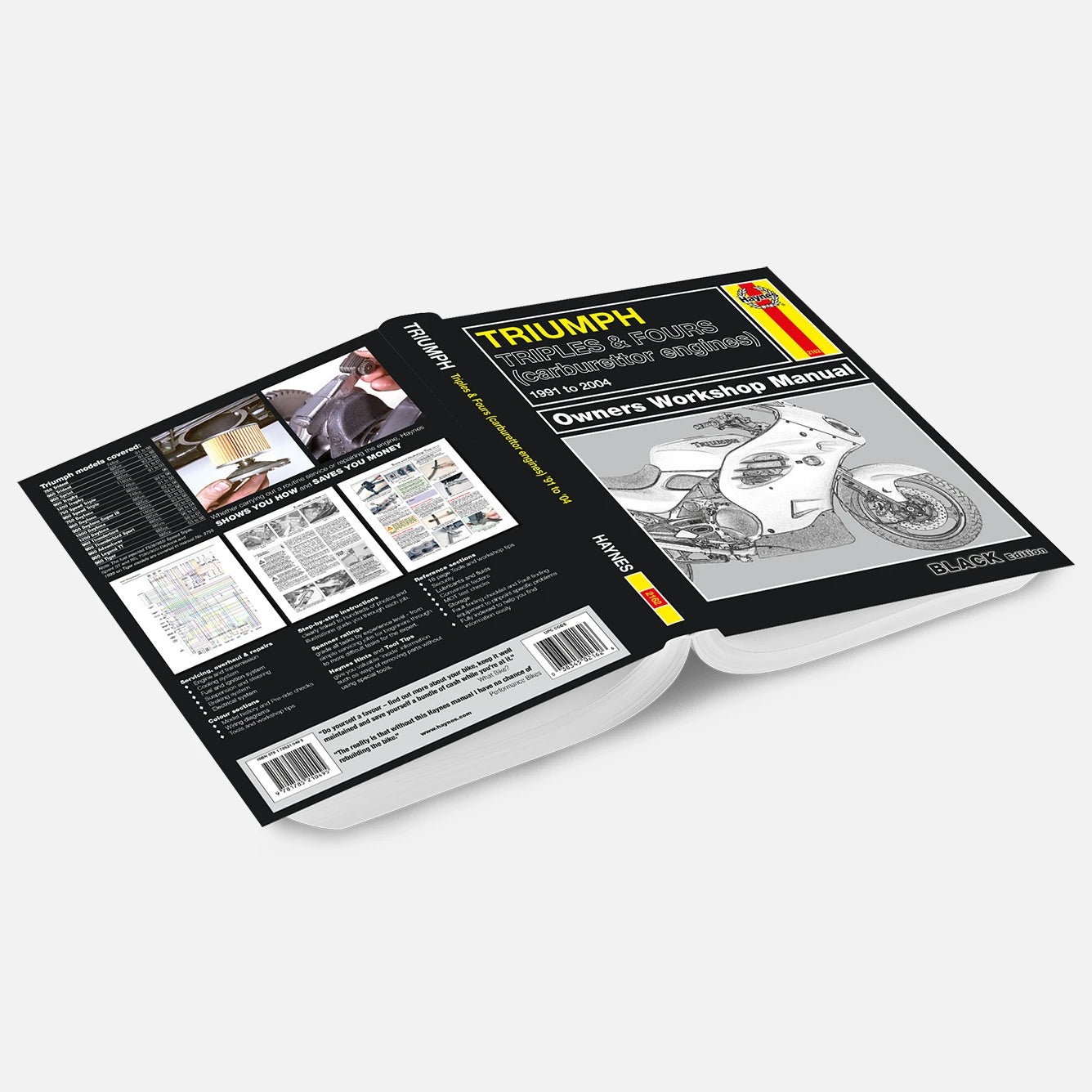 Open workshop manual for Triumph motorcycles on a white background