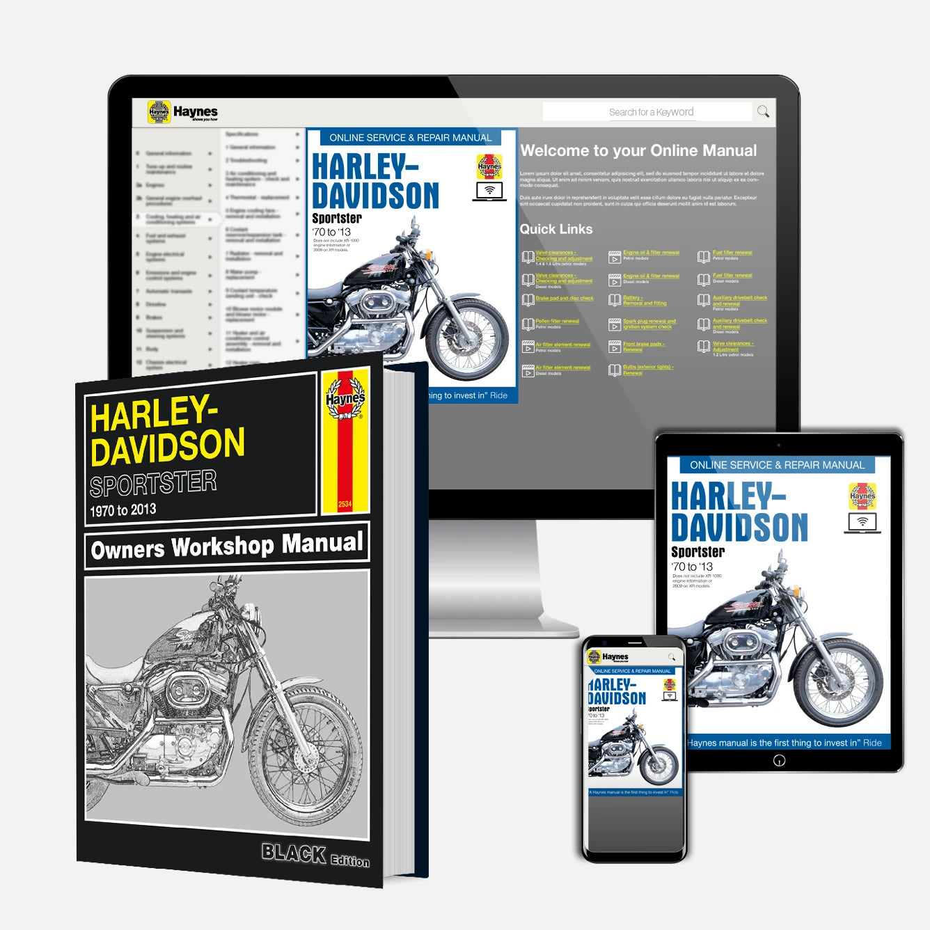 Harley-Davidson owners workshop manual with digital versions on tablet, smartphone, and computer screen.