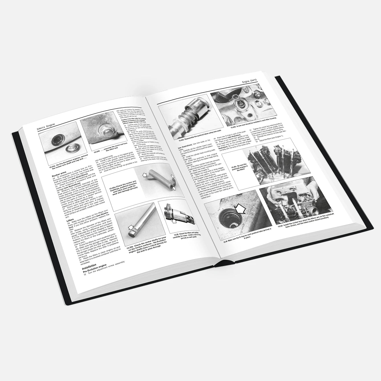 Open book with technical illustrations and text on a white background