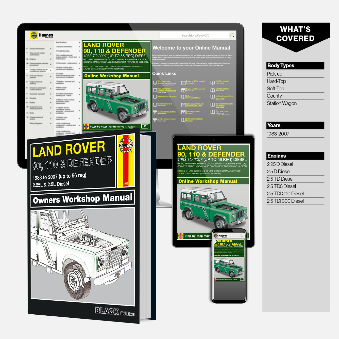 Land Rover 90, 110 & Defender owners workshop manual with digital versions on smartphone and tablet.