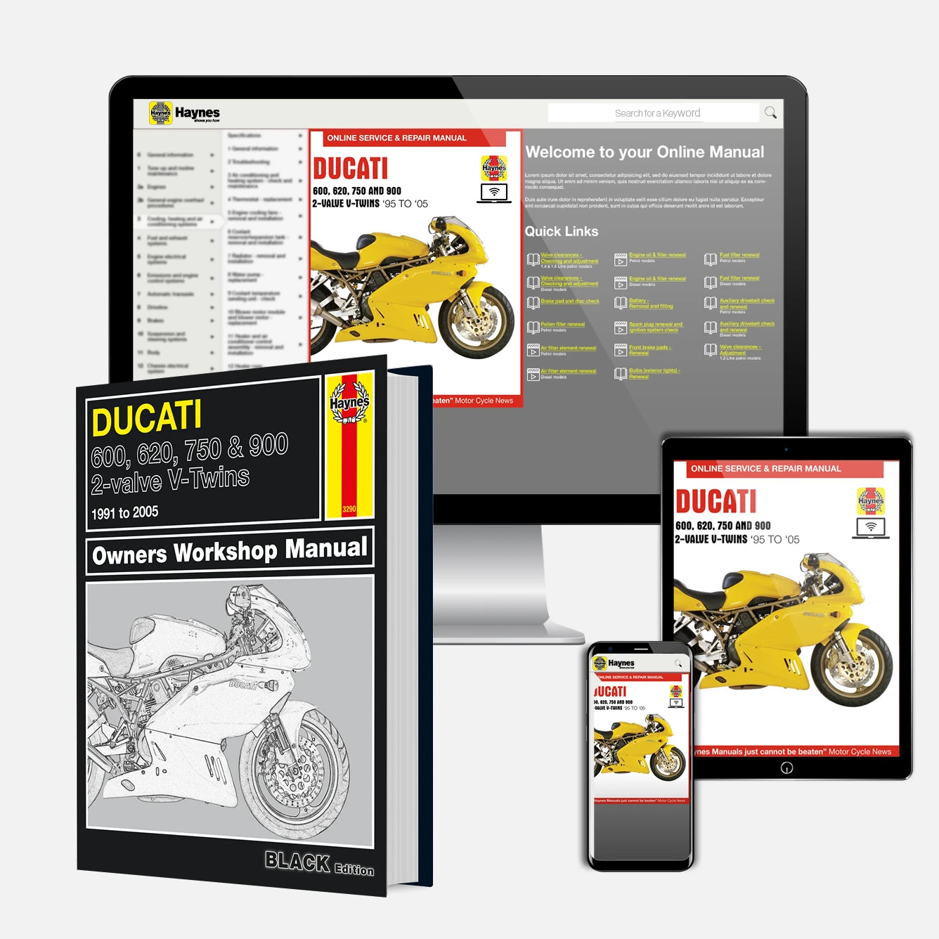 Collection of Ducati motorcycle manuals and digital resources on a white background