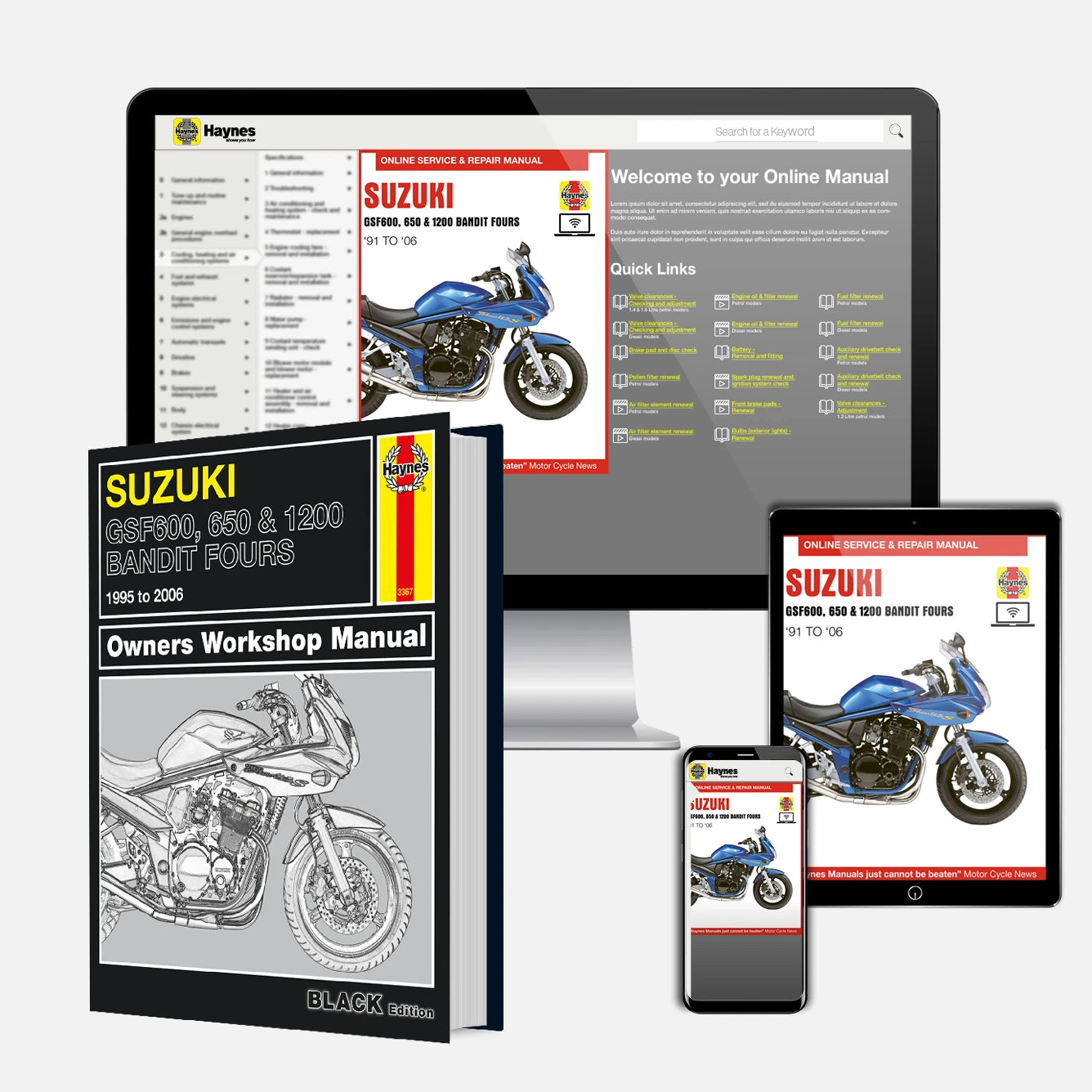 Collection of Suzuki motorcycle manuals and online resources on a white background