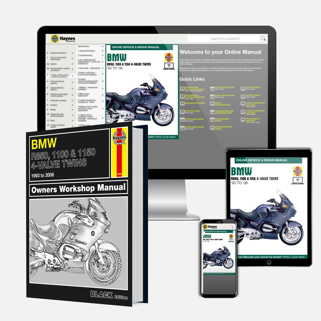 Collection of BMW motorcycle manuals and digital resources on a white background