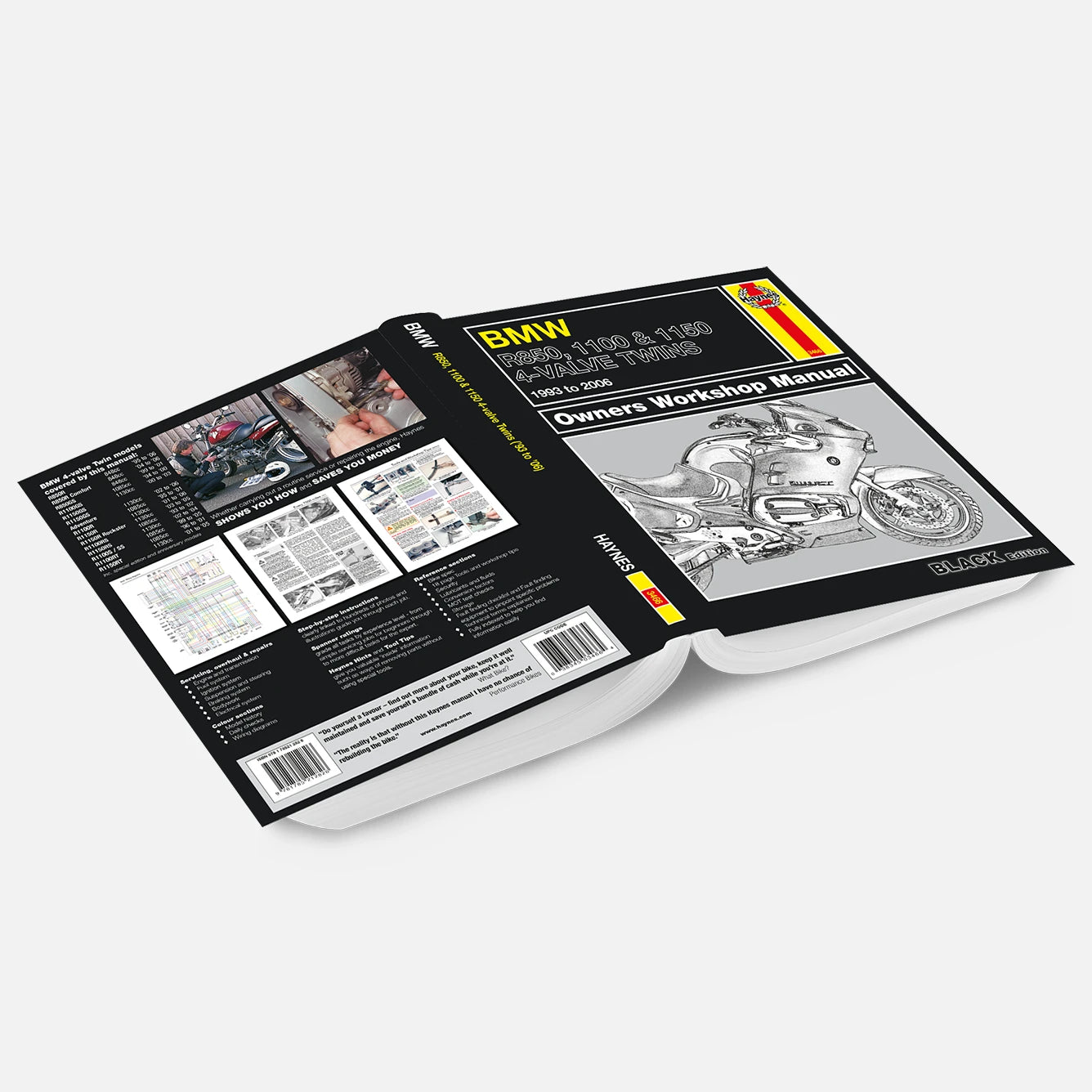 Open BMW motorcycle workshop manual on a white background