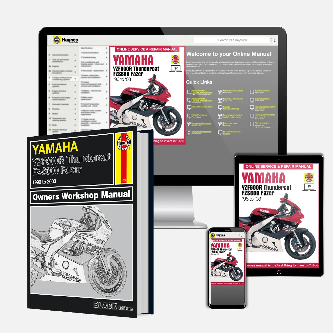 Yamaha motorcycle manuals and digital resources on a tablet, phone, and book.