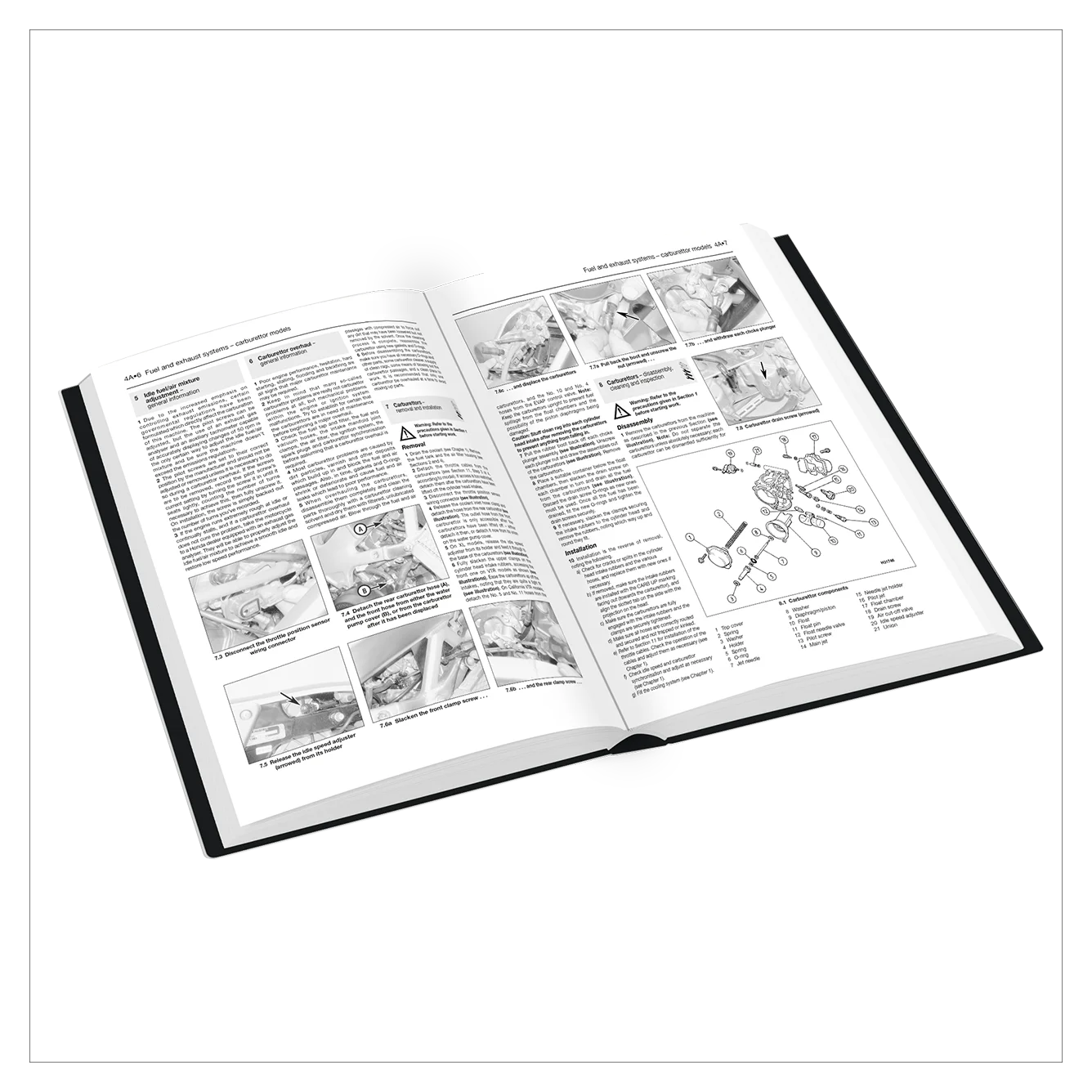 Open book with text and illustrations on a white background