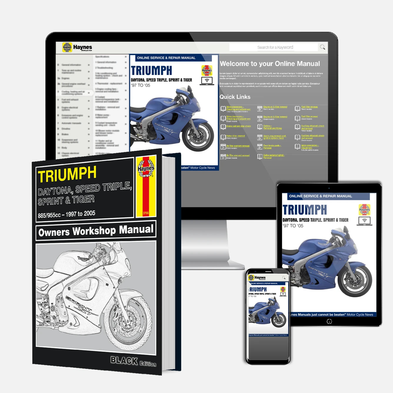 Triumph motorcycle owners workshop manual with digital versions on tablet, phone, and computer screen.