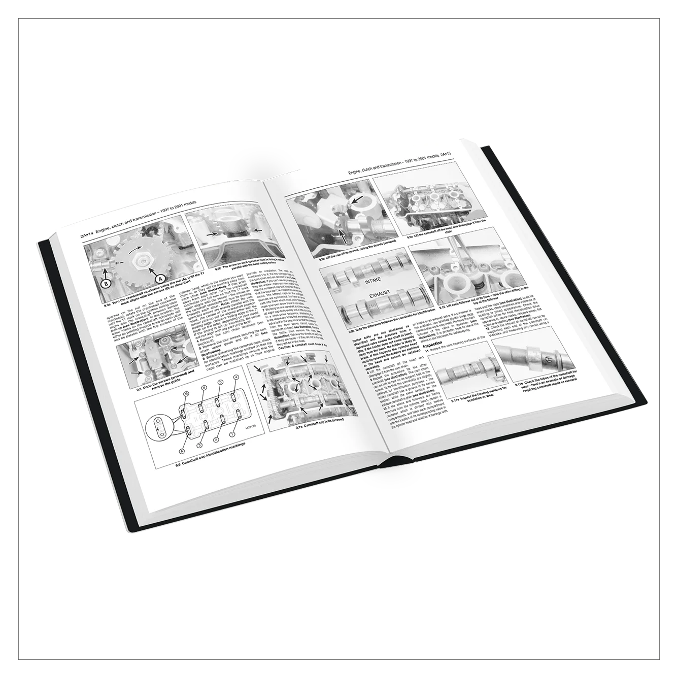 Open book with black and white illustrations and text on a white background