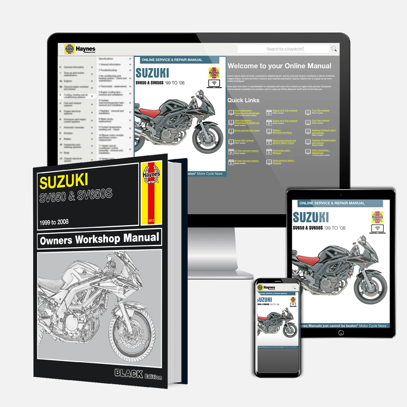 Suzuki motorcycle owners workshop manual with digital versions on tablet, phone, and computer screen.