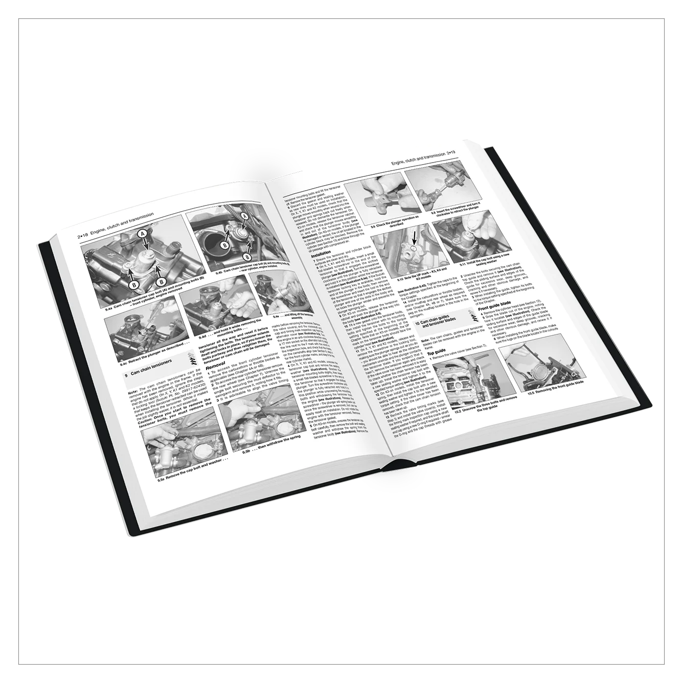 Open book with black and white illustrations and text on a white background