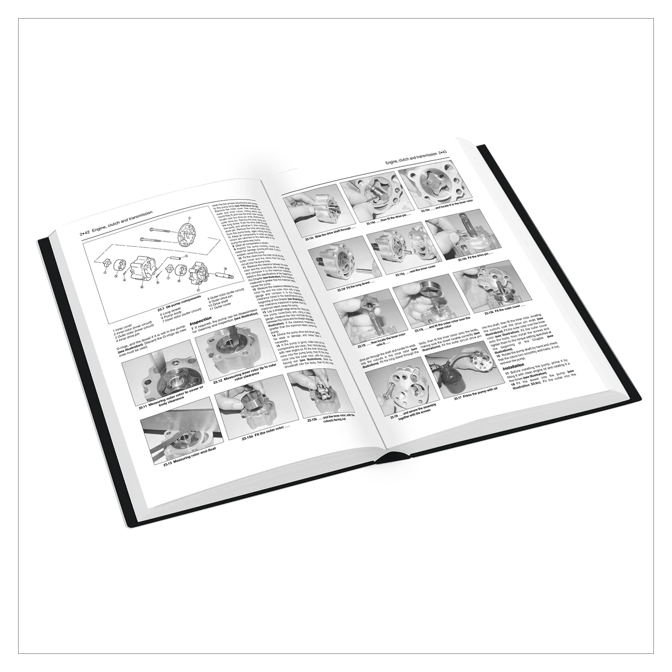 Open book with instructional content and images on a white background