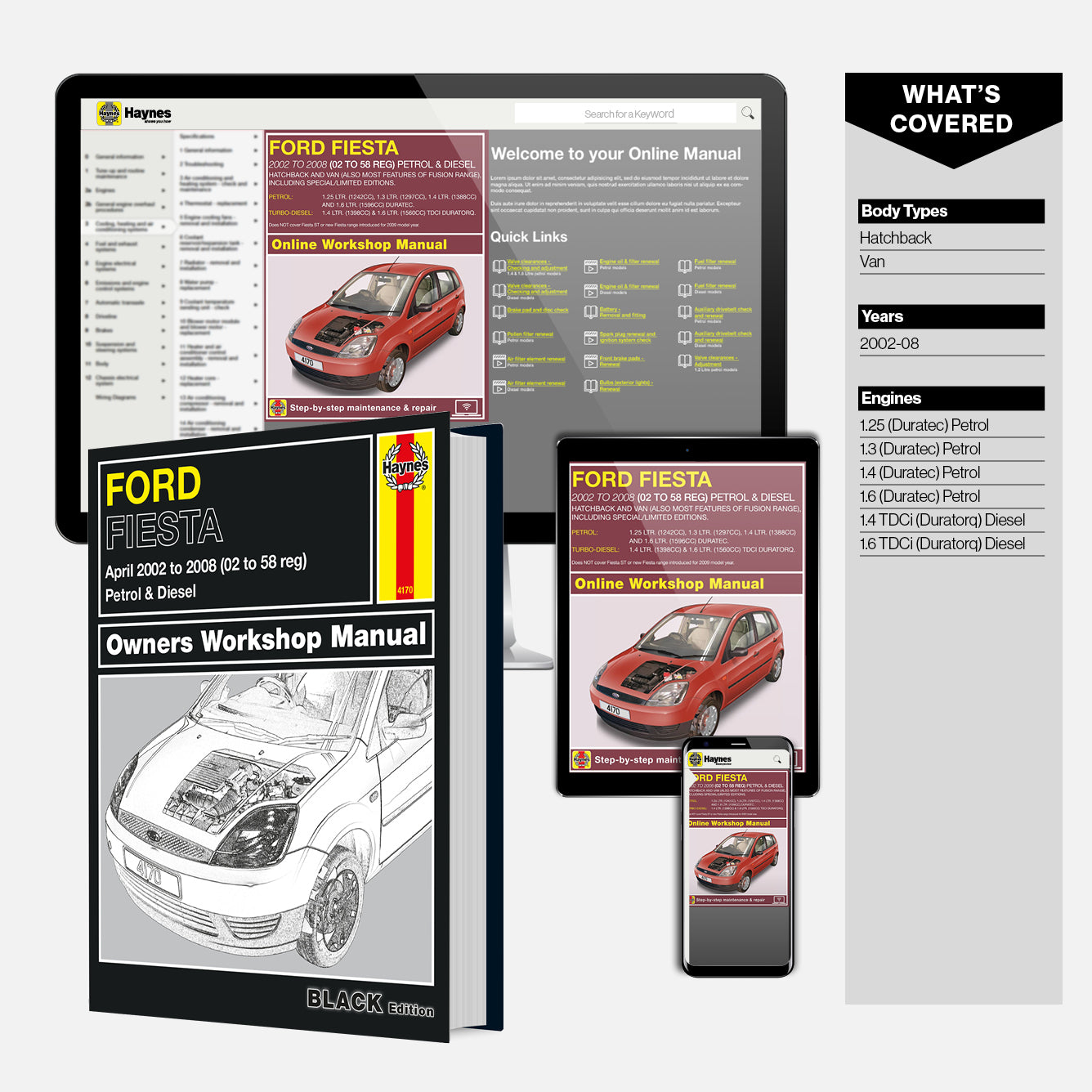 Haynes Ford Fiesta owners workshop manual with digital versions on smartphone and tablet.