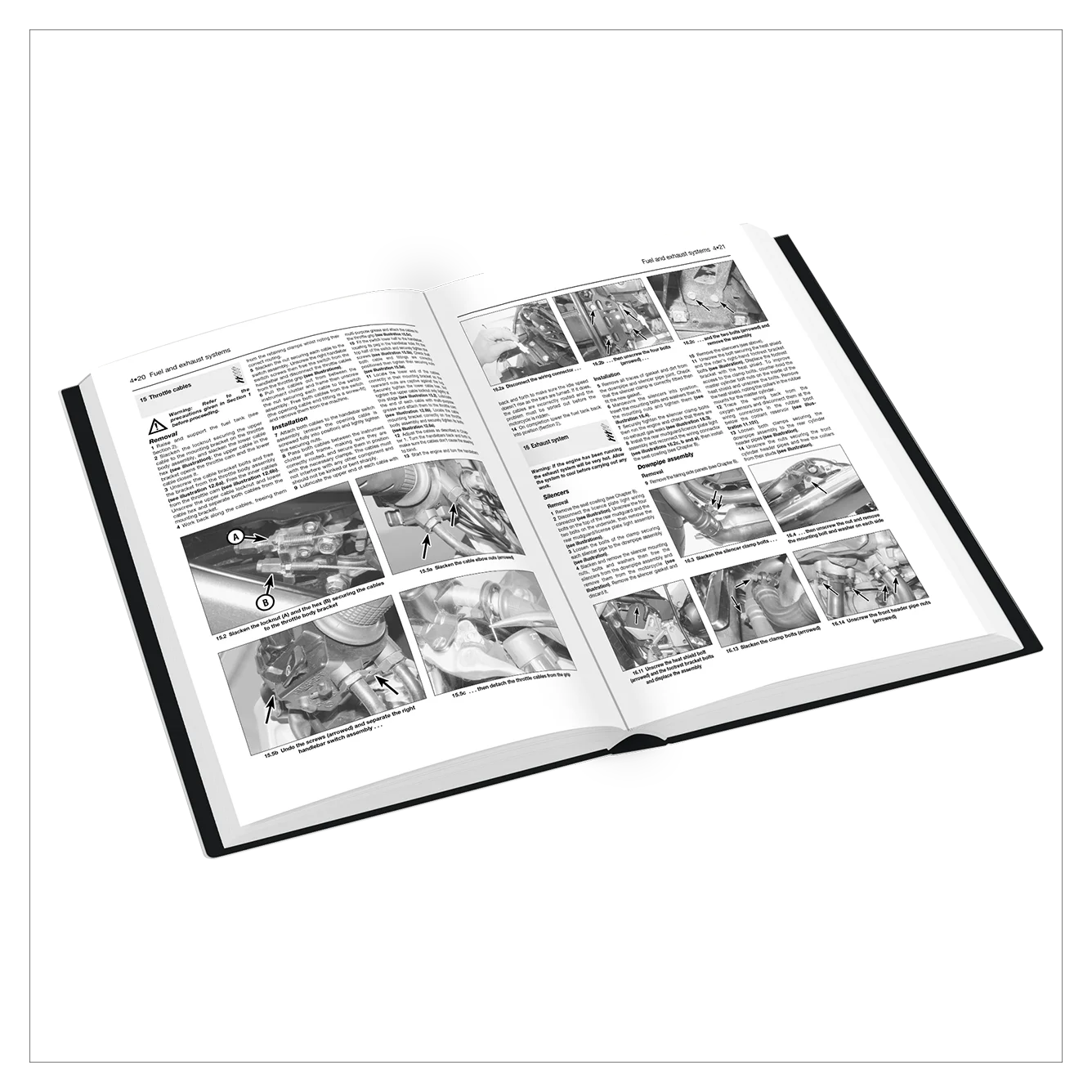Open book with instructional content and images on a white background