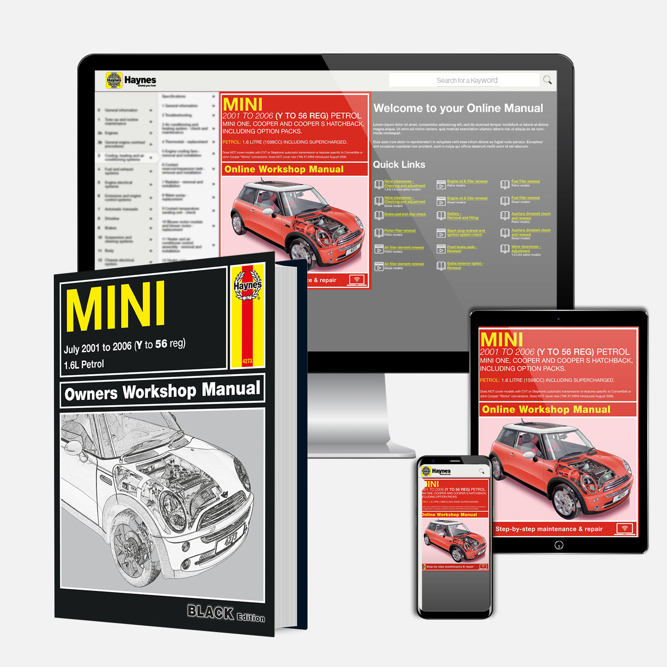Haynes Mini owners workshop manual with digital versions on tablet, phone, and computer screen.