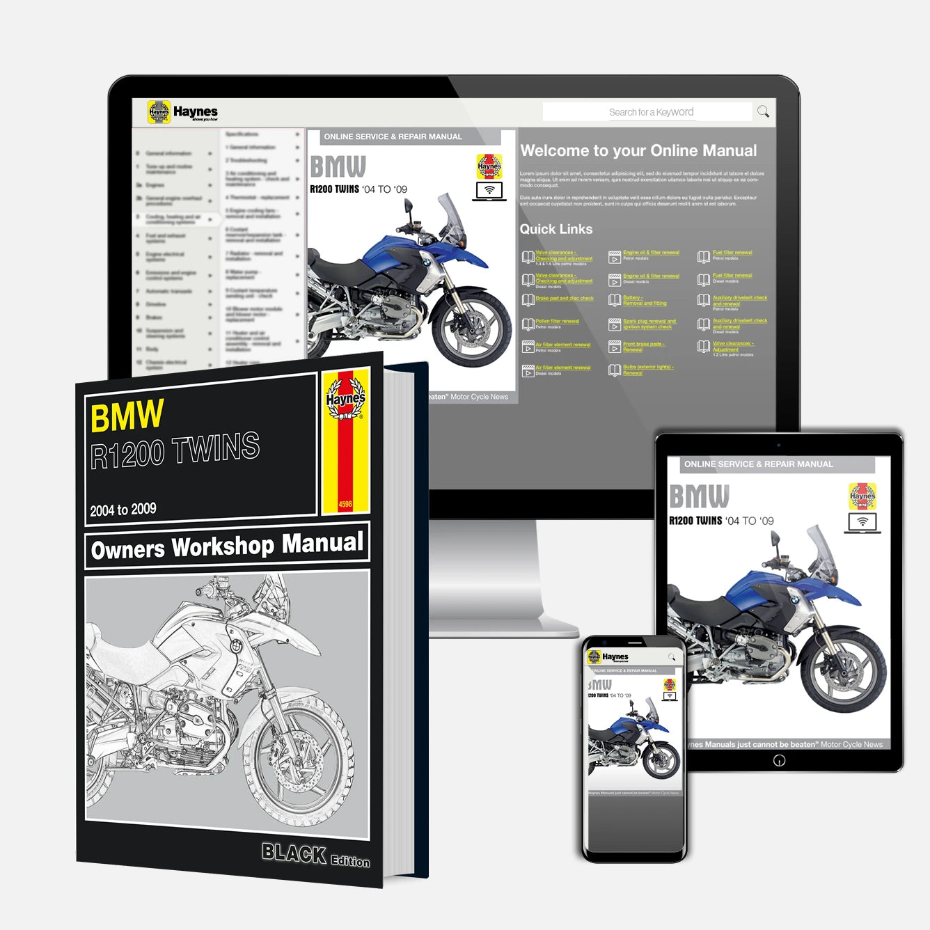 BMW R1200 Twins owners workshop manual with digital versions on tablet, phone, and computer screen.