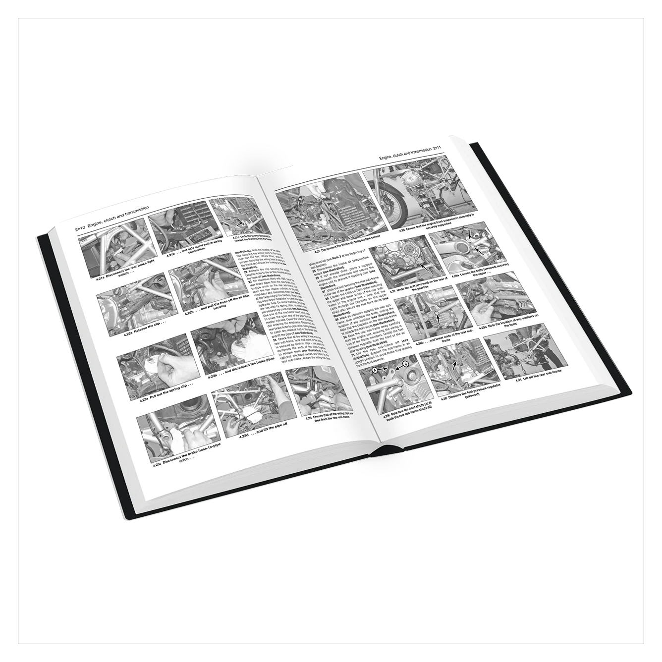 Open book with black and white illustrations and text on a white background