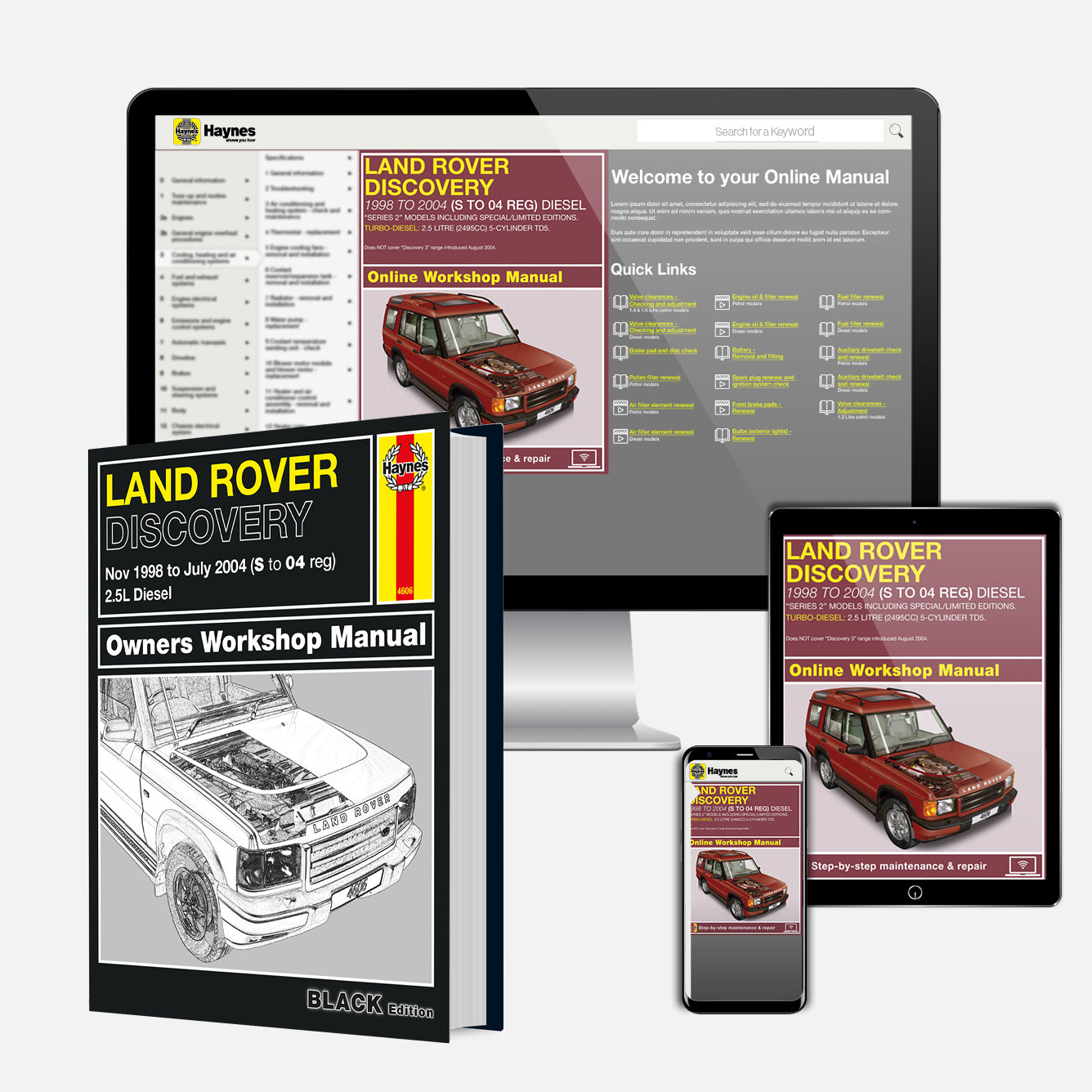 Collection of Land Rover Discovery repair manuals and digital resources on a computer screen, tablet, and smartphone.