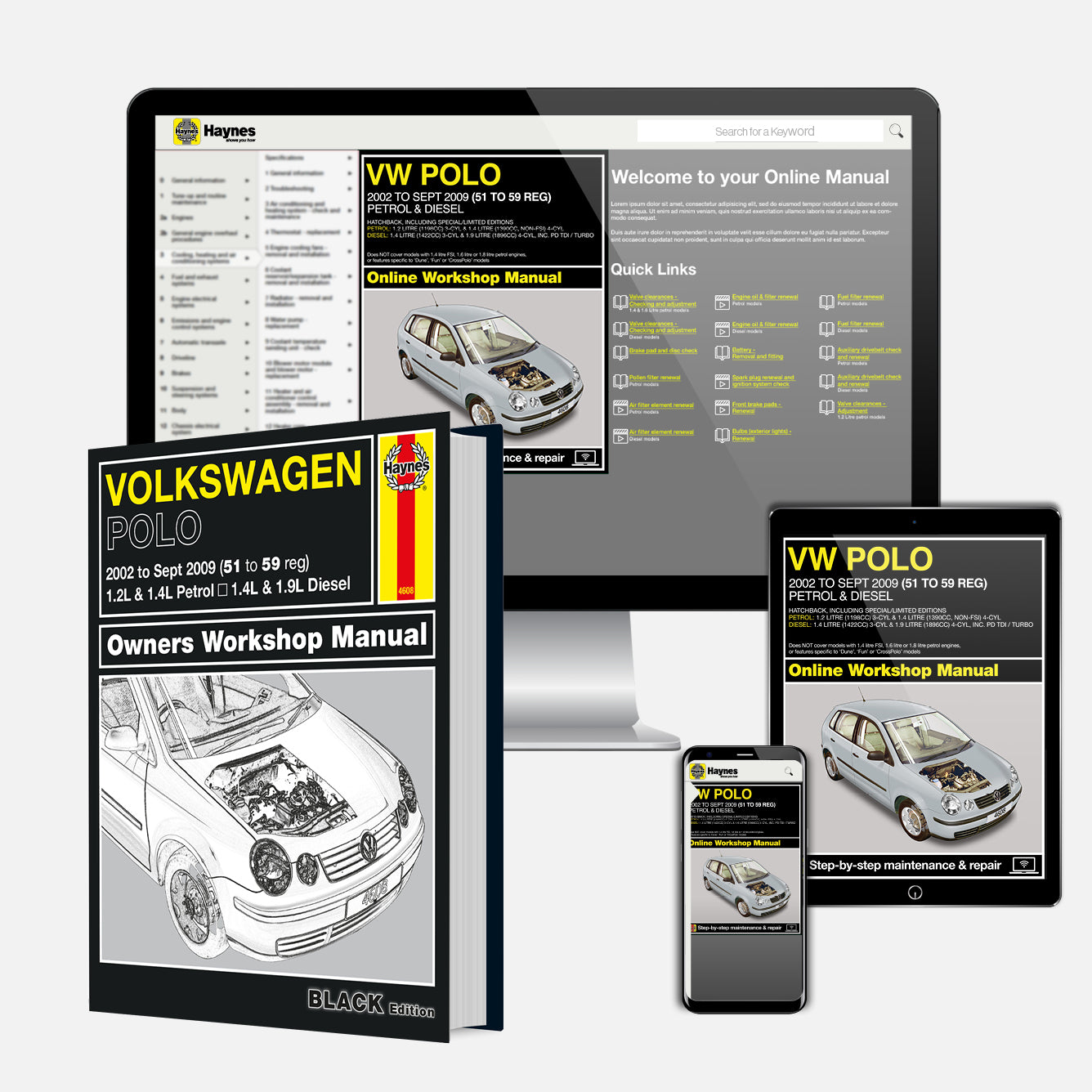 Collection of Volkswagen Polo repair manuals including a hardcover book, digital online manual, and smartphone app.