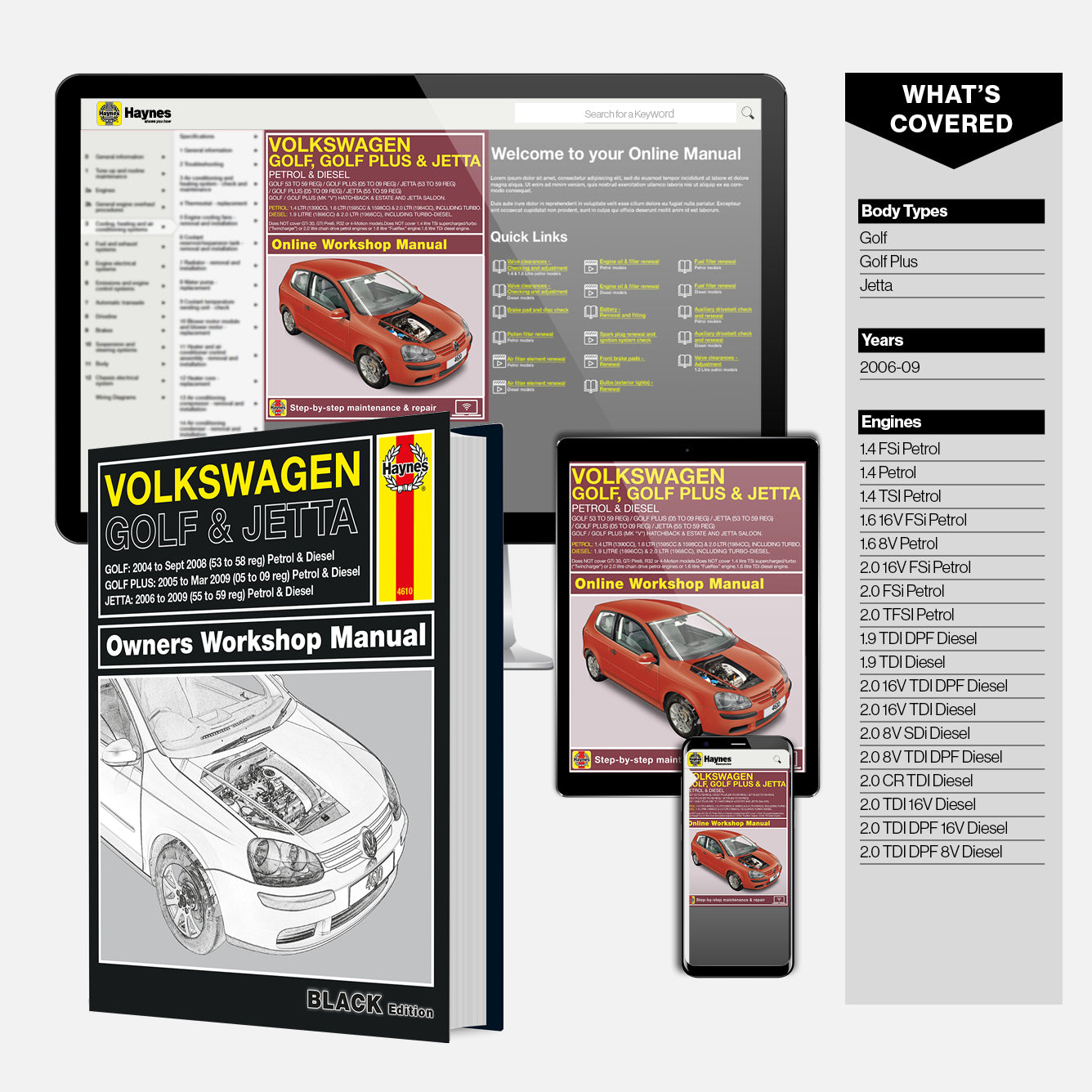 Haynes Volkswagen Golf and Jetta owners workshop manual set with digital versions on screens.