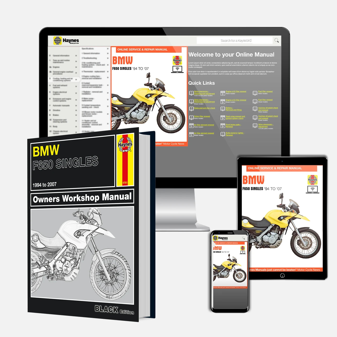 Collection of BMW motorcycle manuals and digital resources on a white background