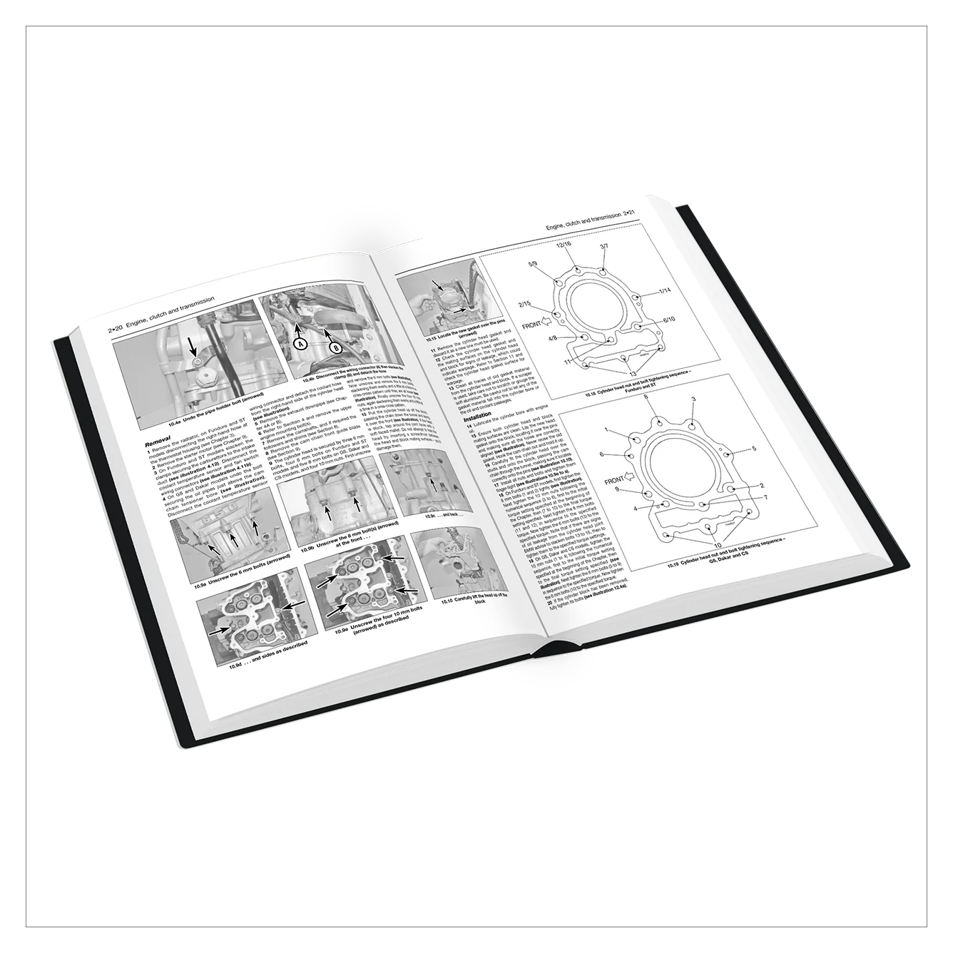 Open book with technical illustrations and text on a white background