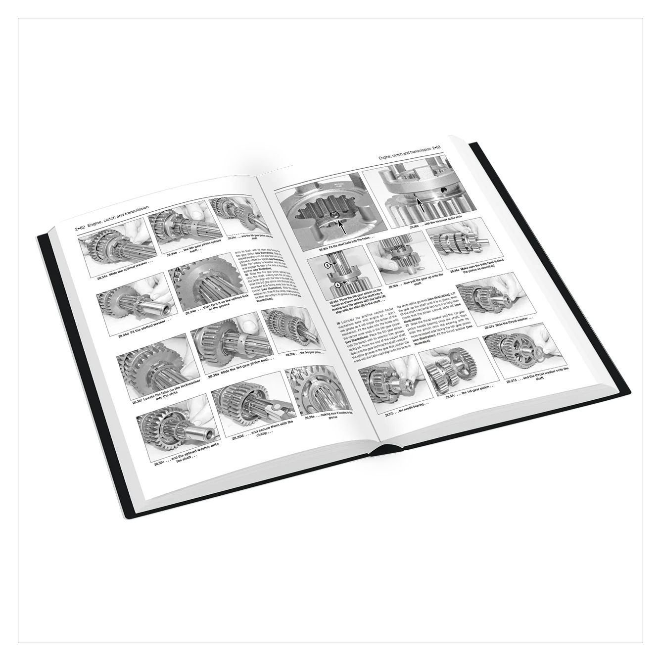Open book with technical illustrations and text on a white background