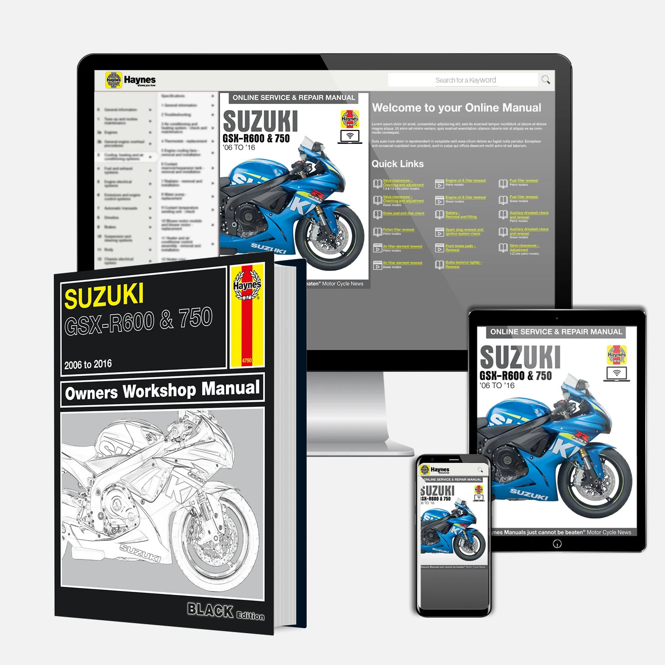 Suzuki motorcycle manual and digital resources displayed on a tablet, phone, and book.