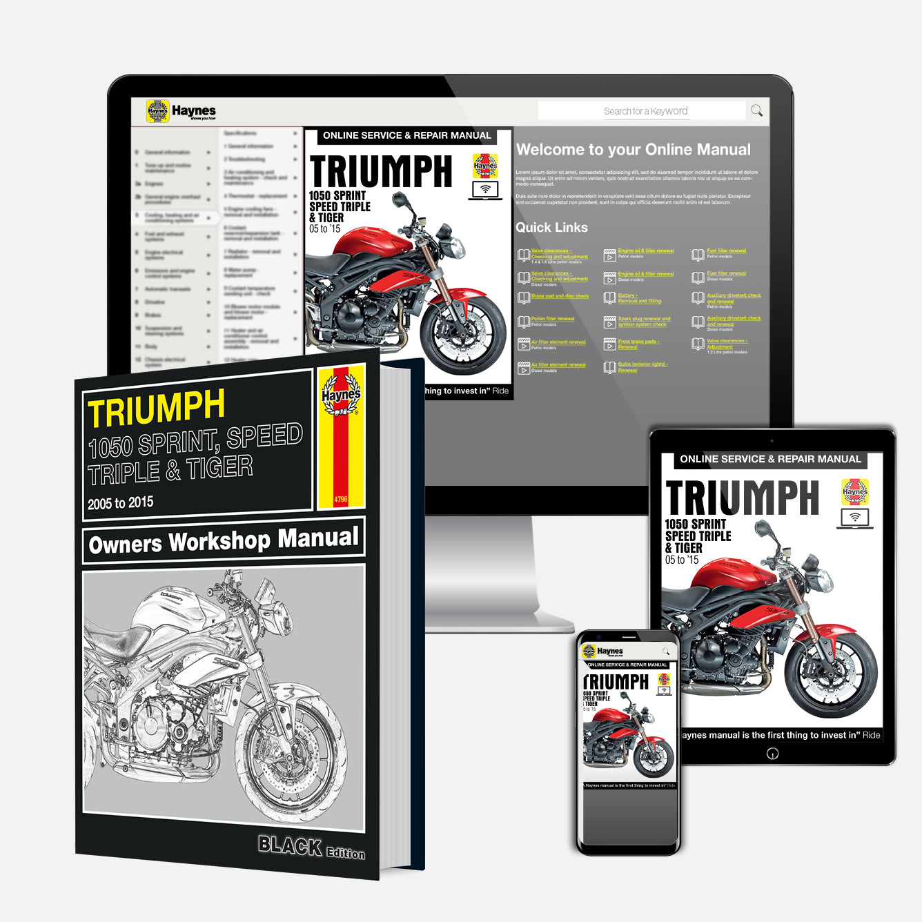 Collection of Triumph motorcycle manuals and digital resources on a white background