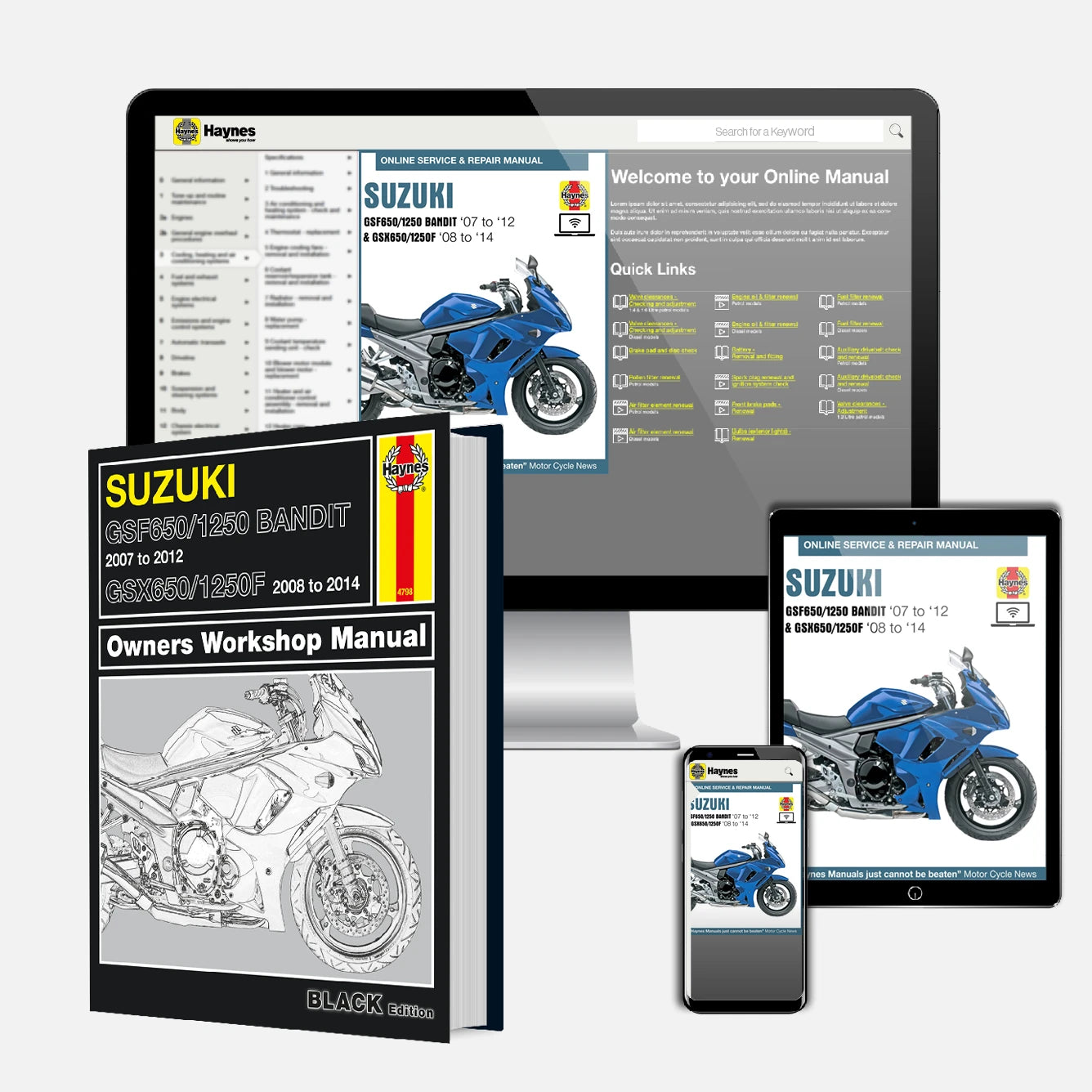Suzuki motorcycle manual and digital resources displayed on a computer screen, tablet, and smartphone.