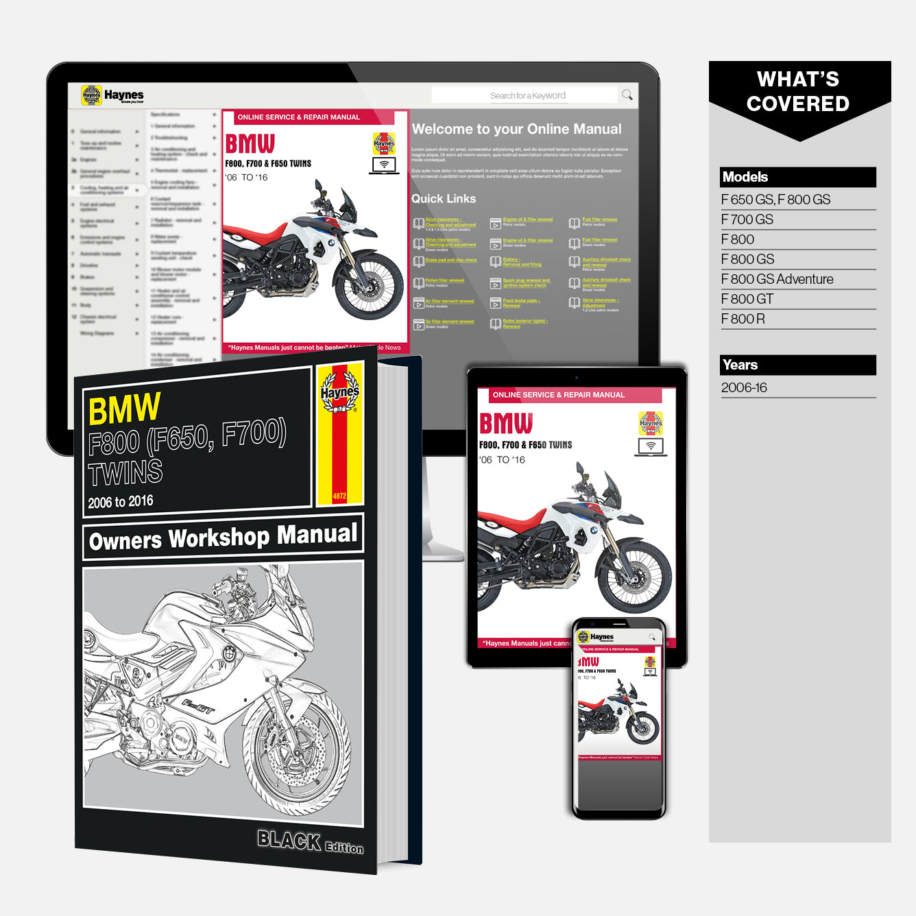 Haynes BMW motorcycle owners workshop manual with digital versions on smartphone and tablet.