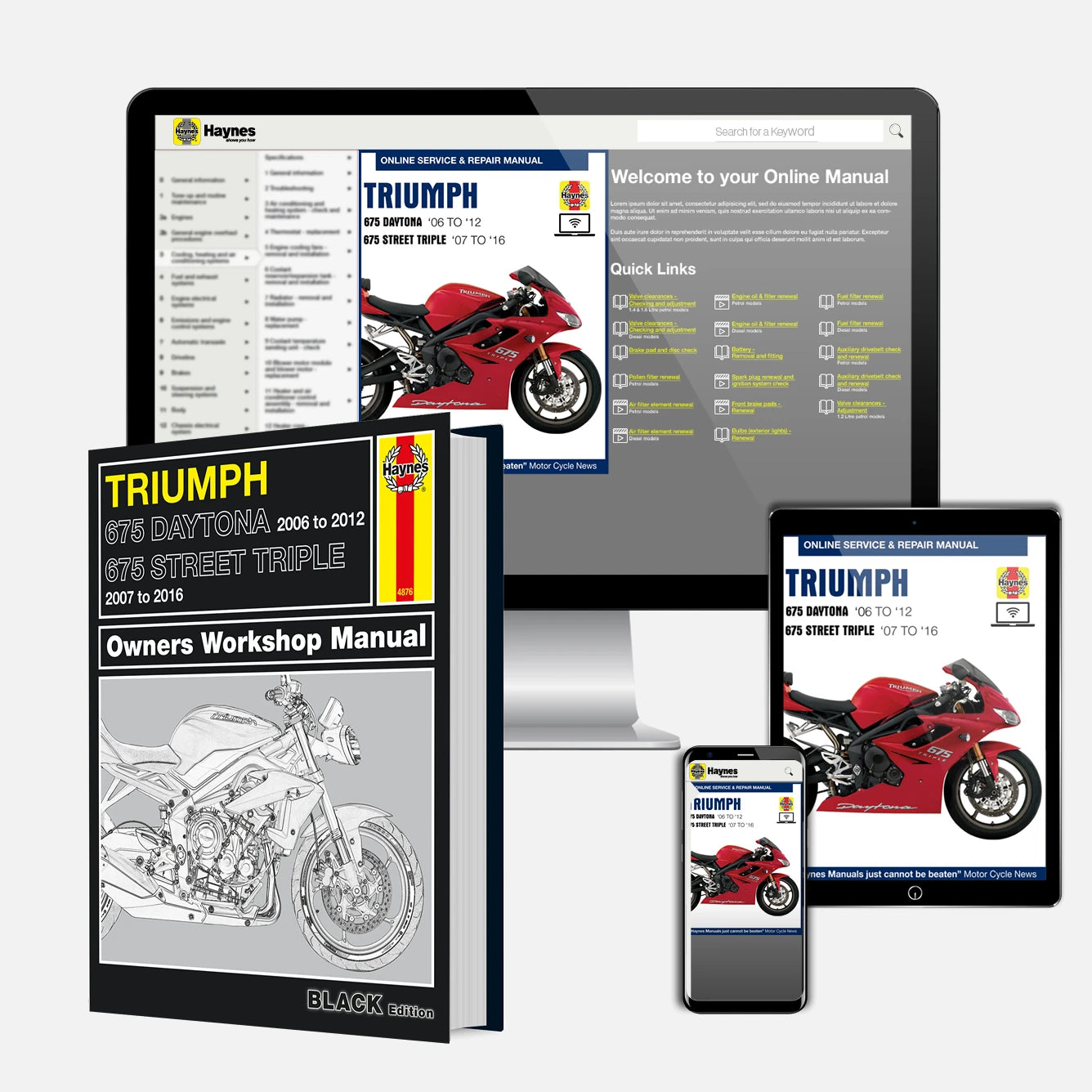 Collection of Triumph motorcycle manuals and digital resources on a white background