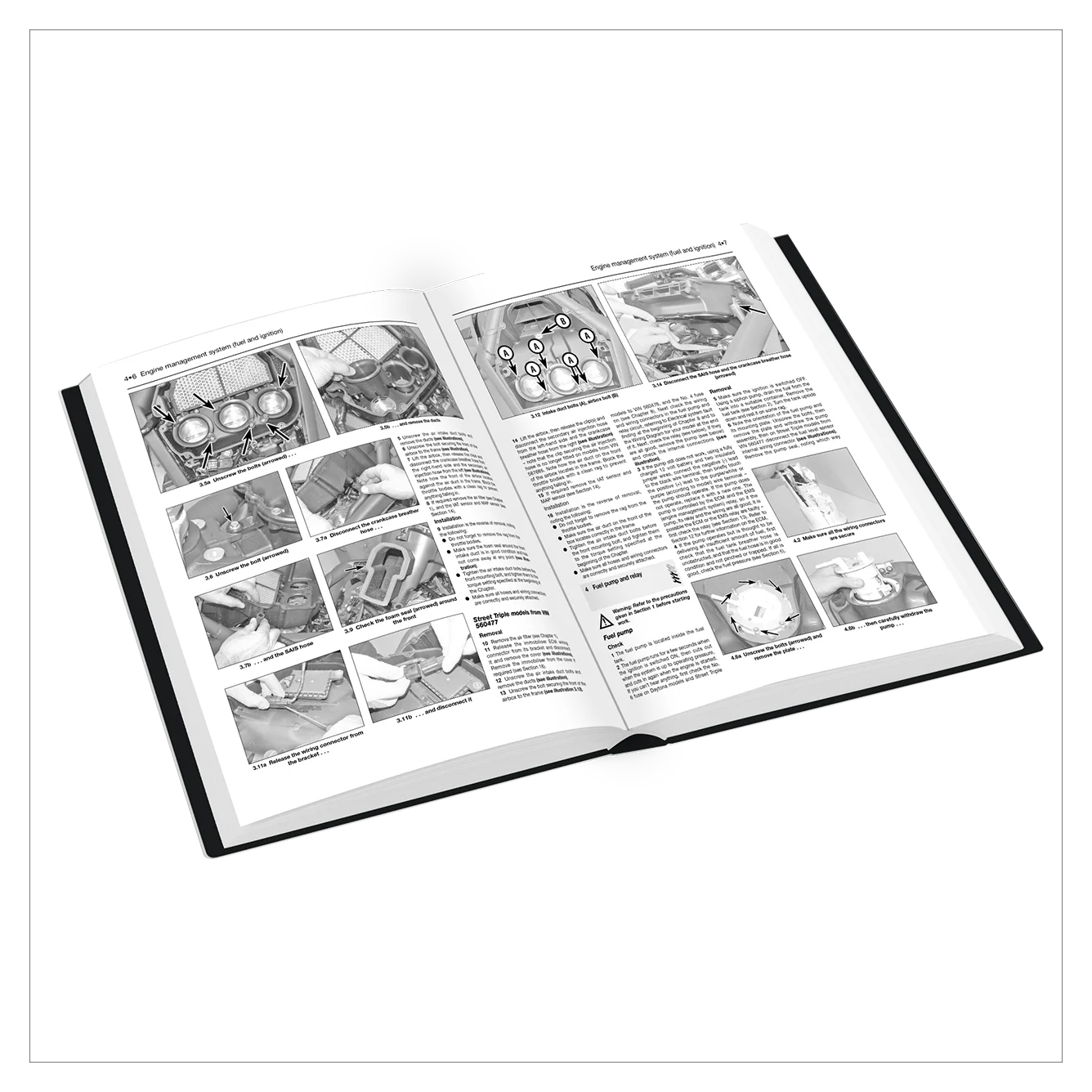 Open book with technical illustrations and text on a white background