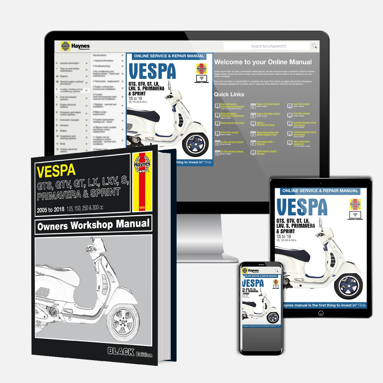 Vespa owners workshop manual with digital access on tablet, smartphone, and computer screen.